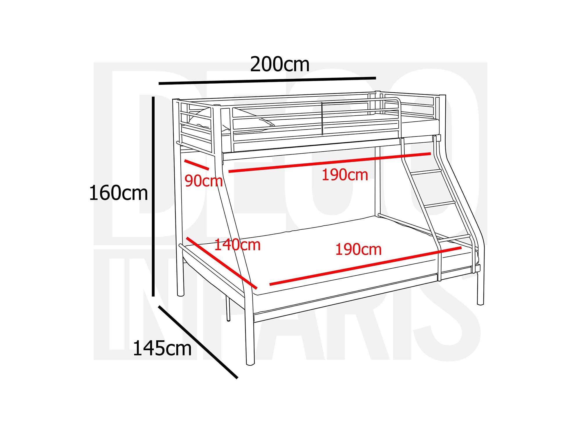 TRINITY 3-Sitzer-Etagenbett aus grauem Metall 90 x 190 cm und 140 x 190 cm