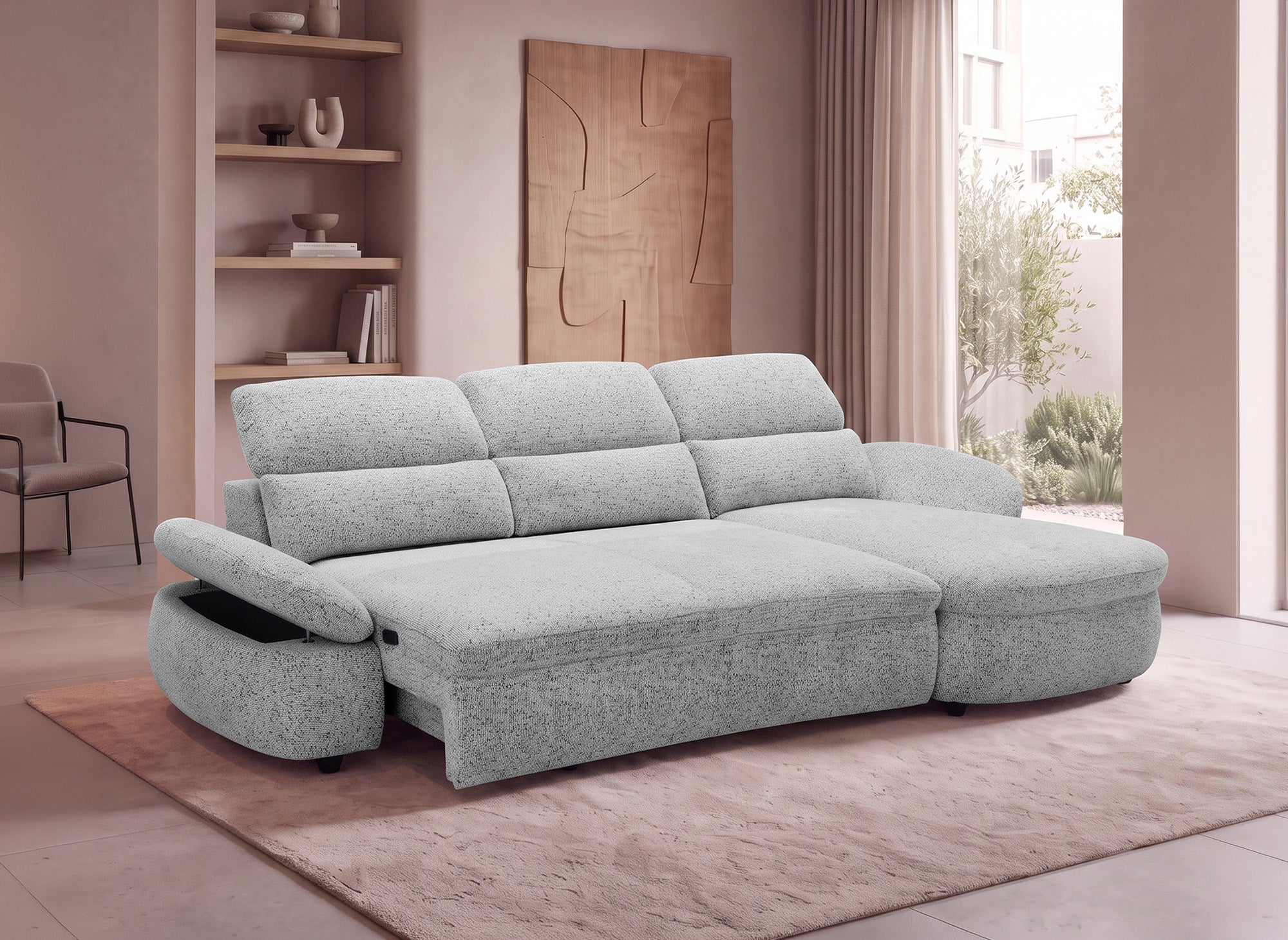 Elektrisches Relax-Ecksofa aus grauem Frotteestoff CLEMENT – rechtwinklig