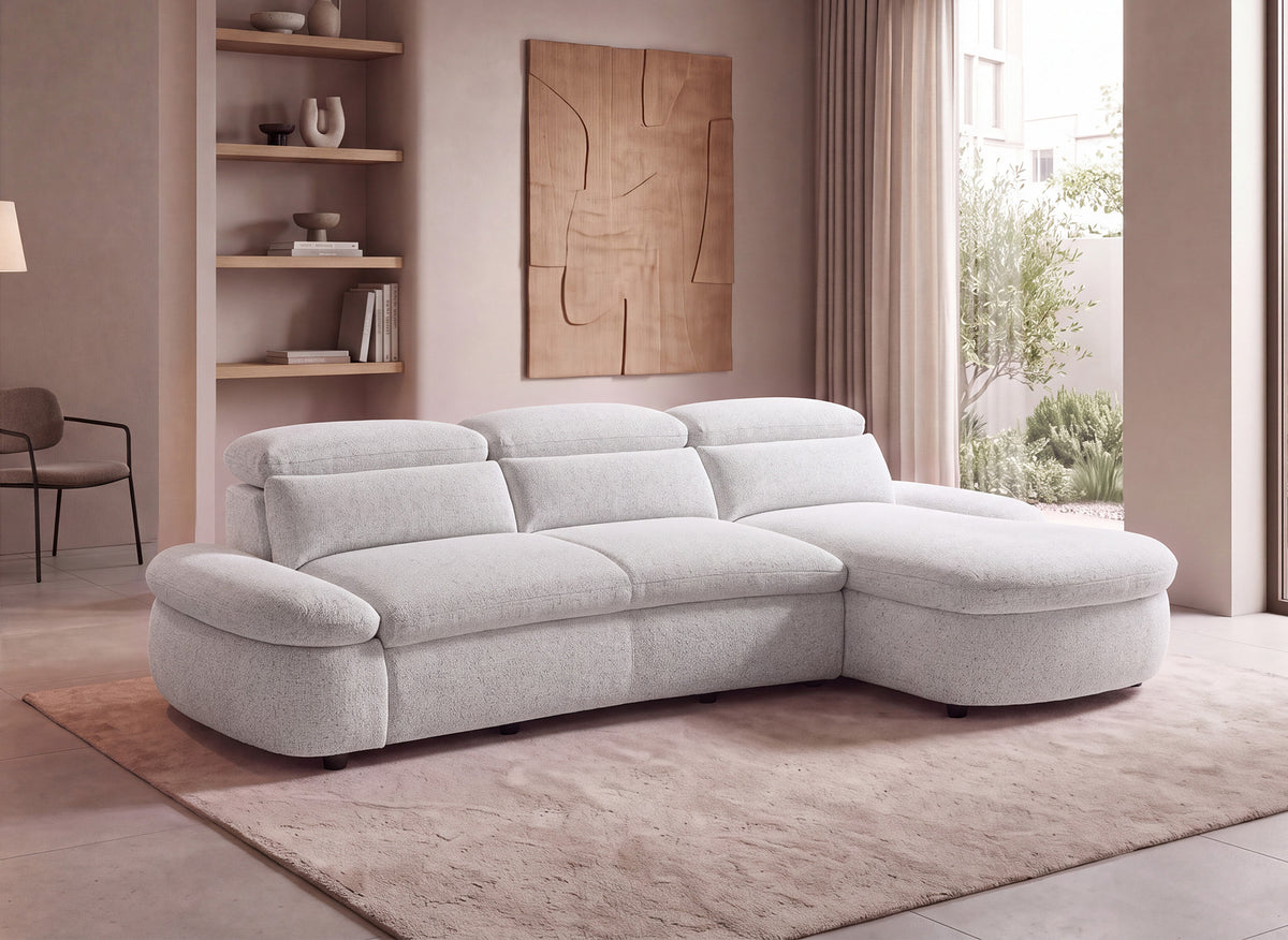 Elektrisches Relax-Ecksofa aus beigem Frotteestoff CLEMENT – rechtwinklig