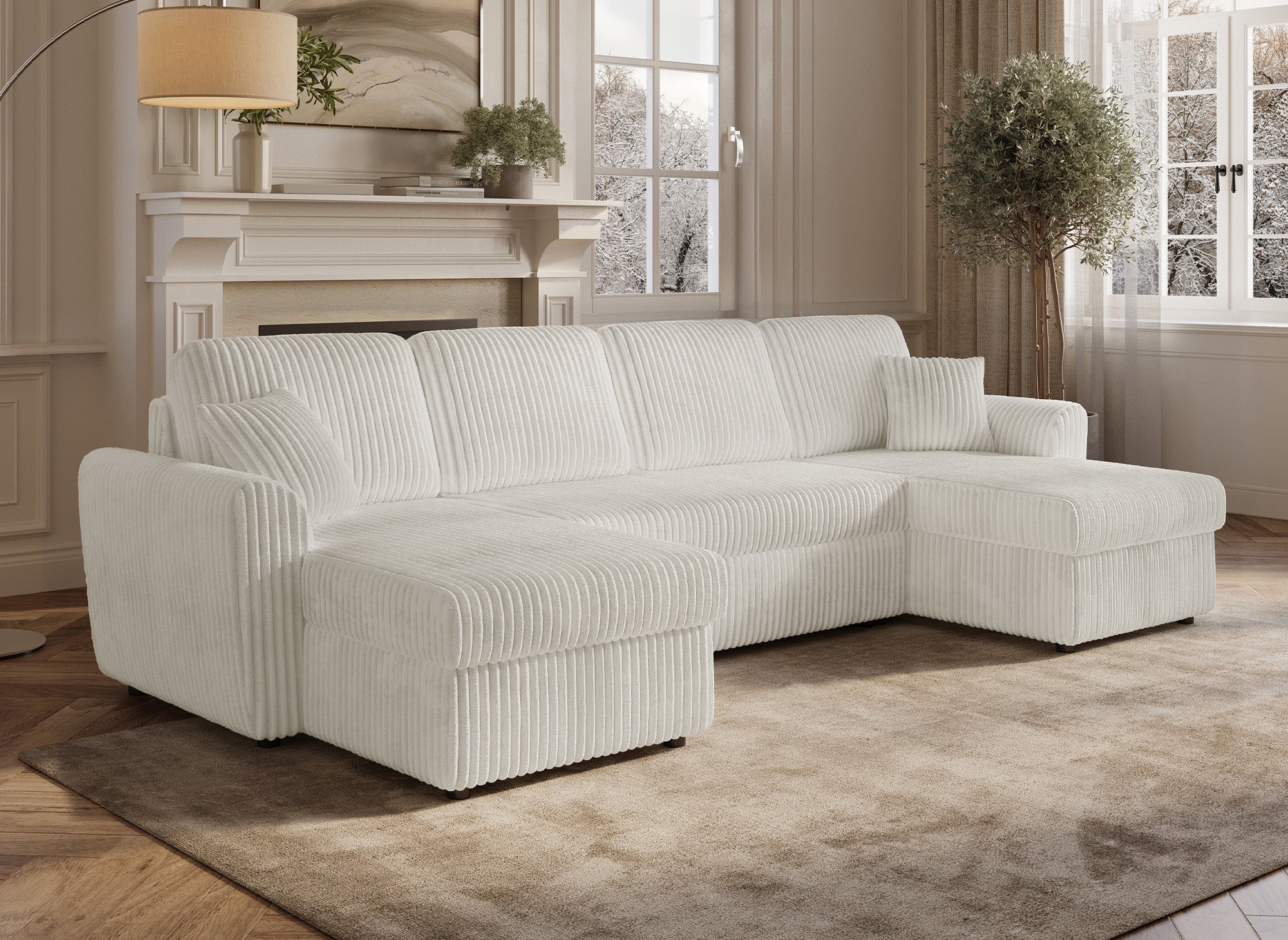 ADRYEN Panorama-Schlafsofa mit Staufächern aus dickem beigefarbenem Cord