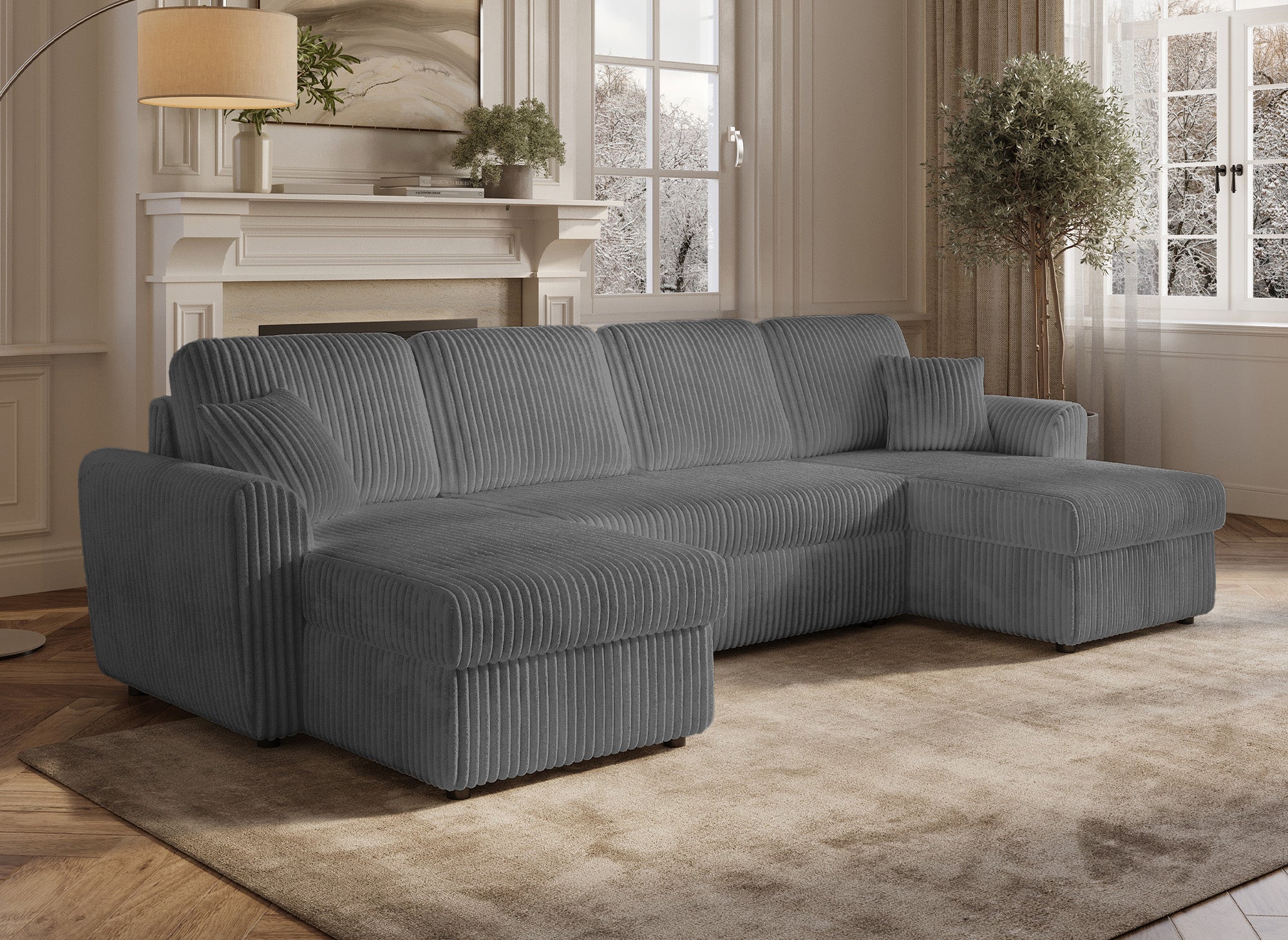 ADRYEN Panorama-Schlafsofa mit Staufächern aus dickem grauem Cord