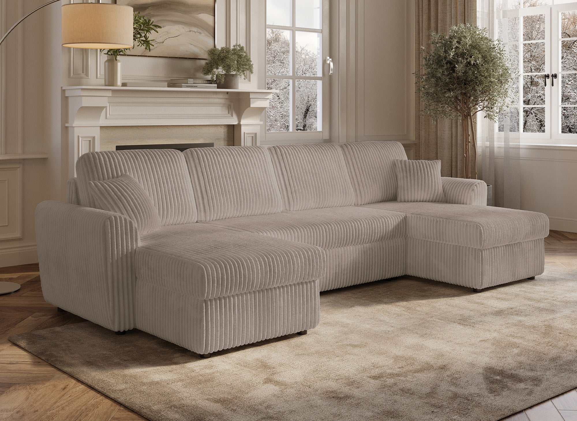 ADRYEN Panorama-Schlafsofa mit Stauraum in dickem taupefarbenem Cord