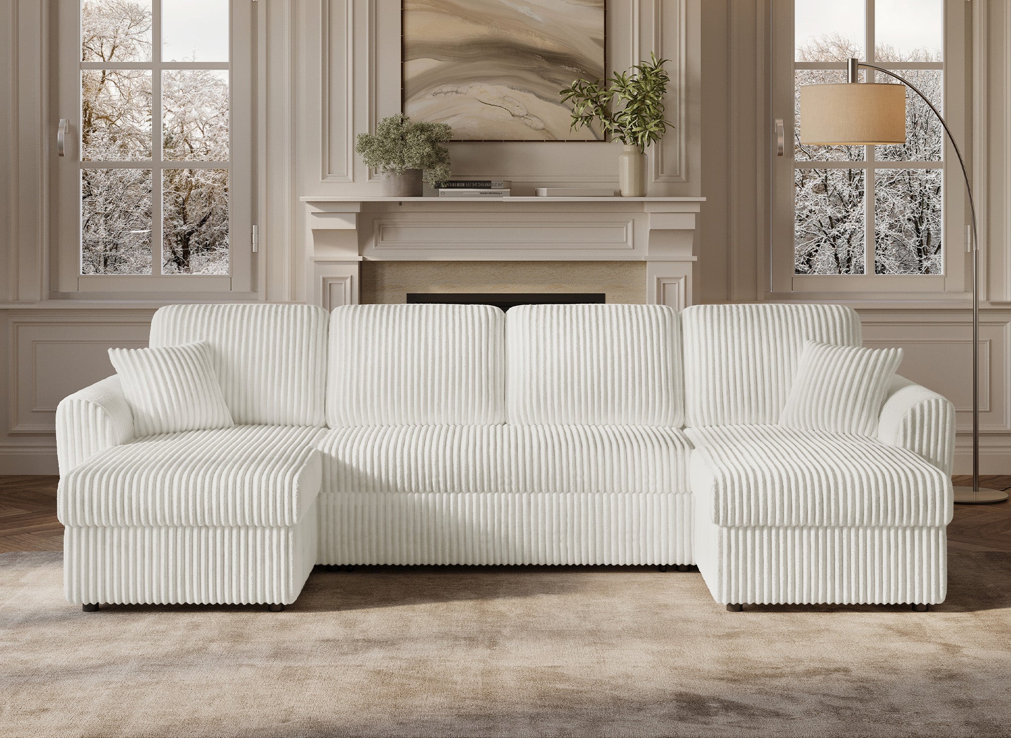 ADRYEN Panorama-Schlafsofa mit Staufächern aus dickem beigefarbenem Cord