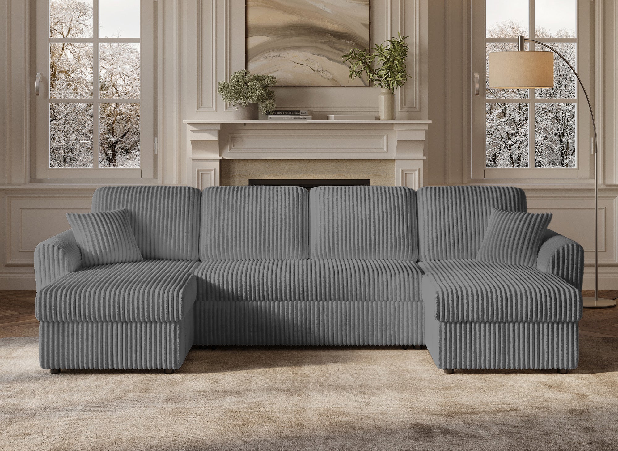 ADRYEN Panorama-Schlafsofa mit Staufächern aus dickem grauem Cord