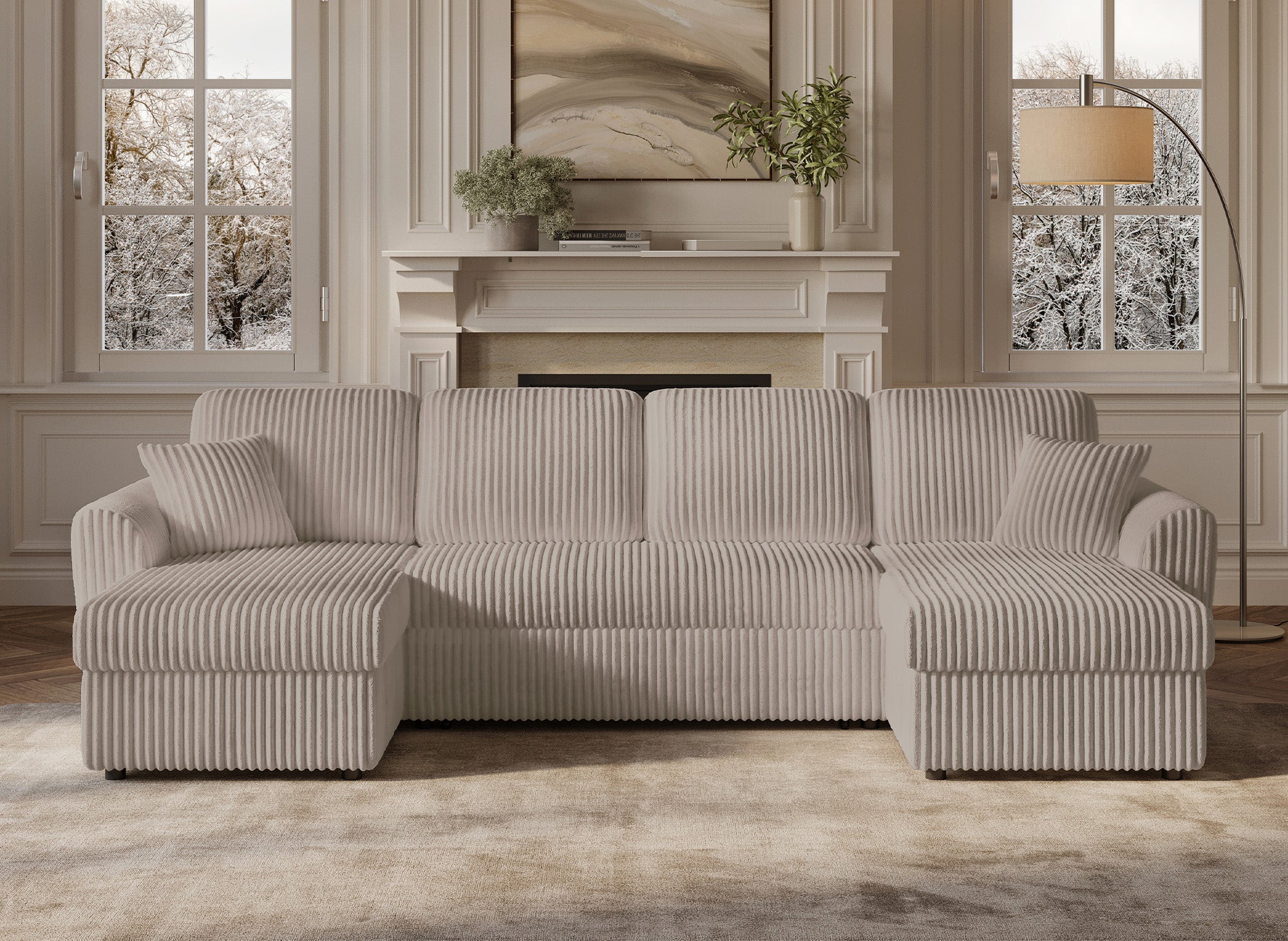 ADRYEN Panorama-Schlafsofa mit Stauraum in dickem taupefarbenem Cord