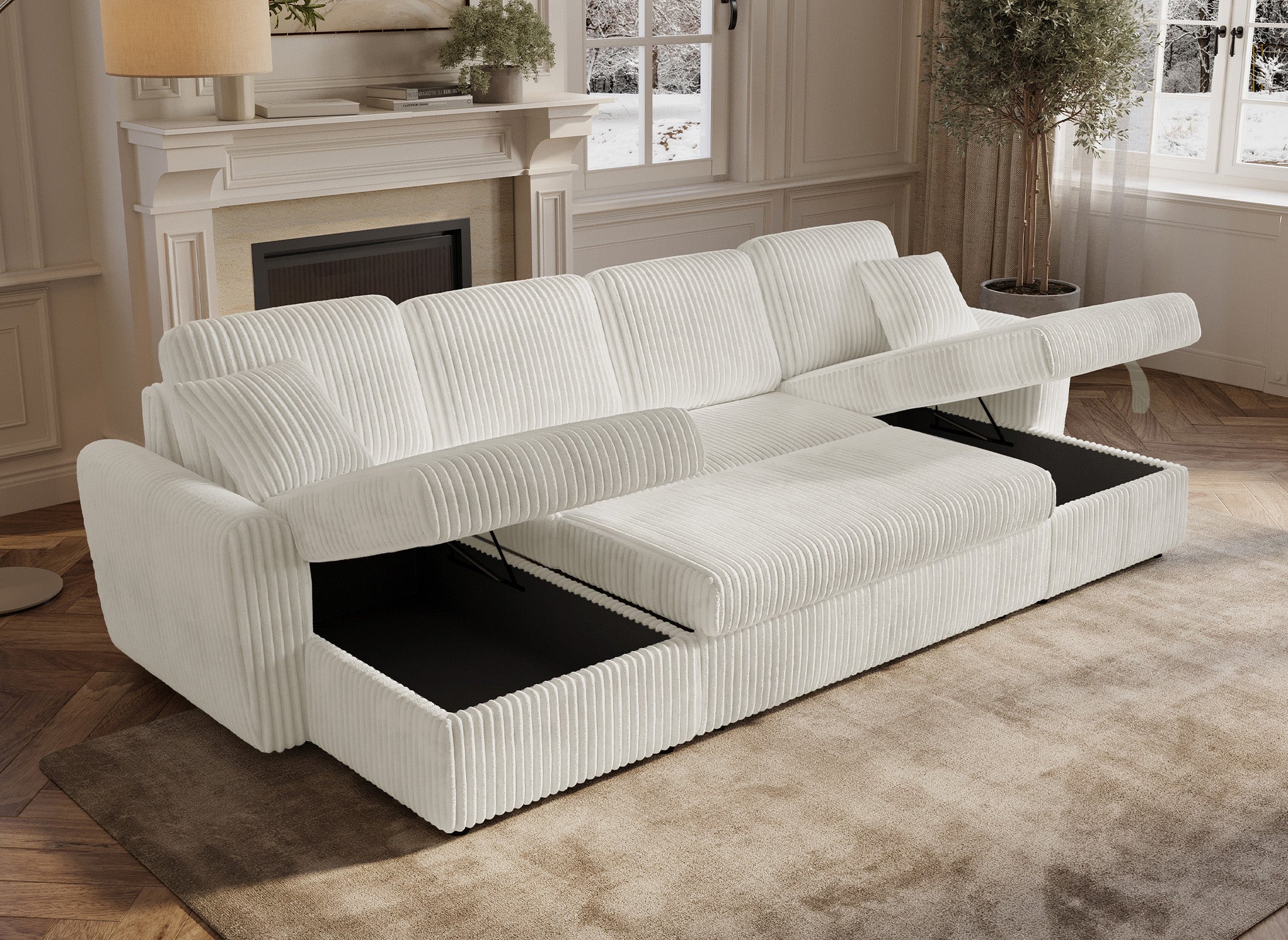 ADRYEN Panorama-Schlafsofa mit Staufächern aus dickem beigefarbenem Cord