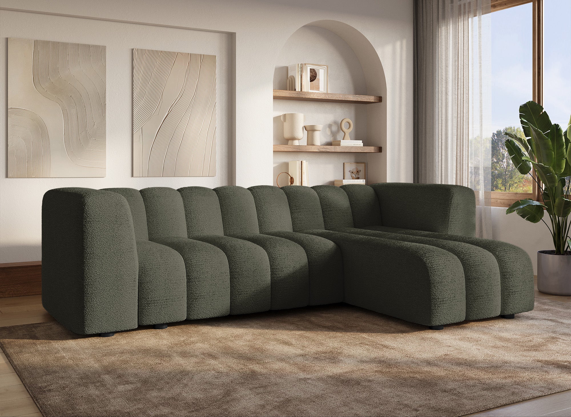 Wende-Ecksofa AELIS aus grünem Bouclé-Stoff