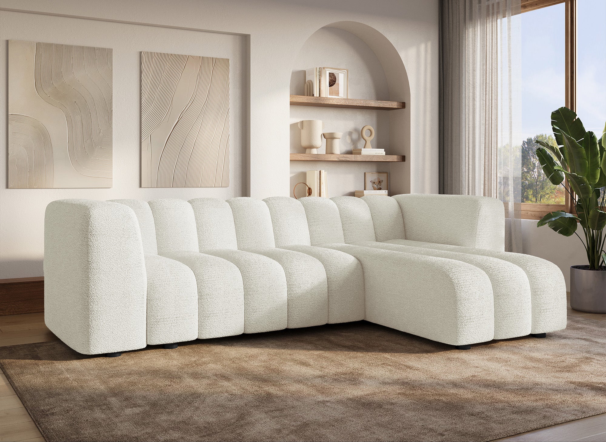 Wende-Ecksofa AELIS aus ecrufarbenem Bouclé-Stoff