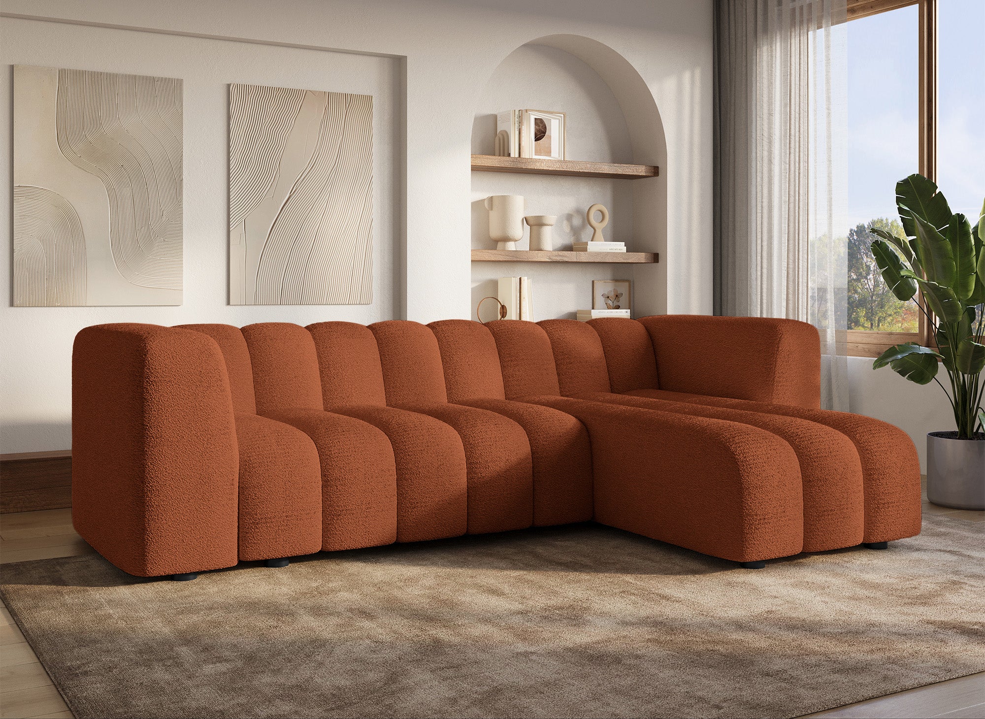 Wende-Ecksofa AELIS aus Terrakotta-Bouclé-Stoff