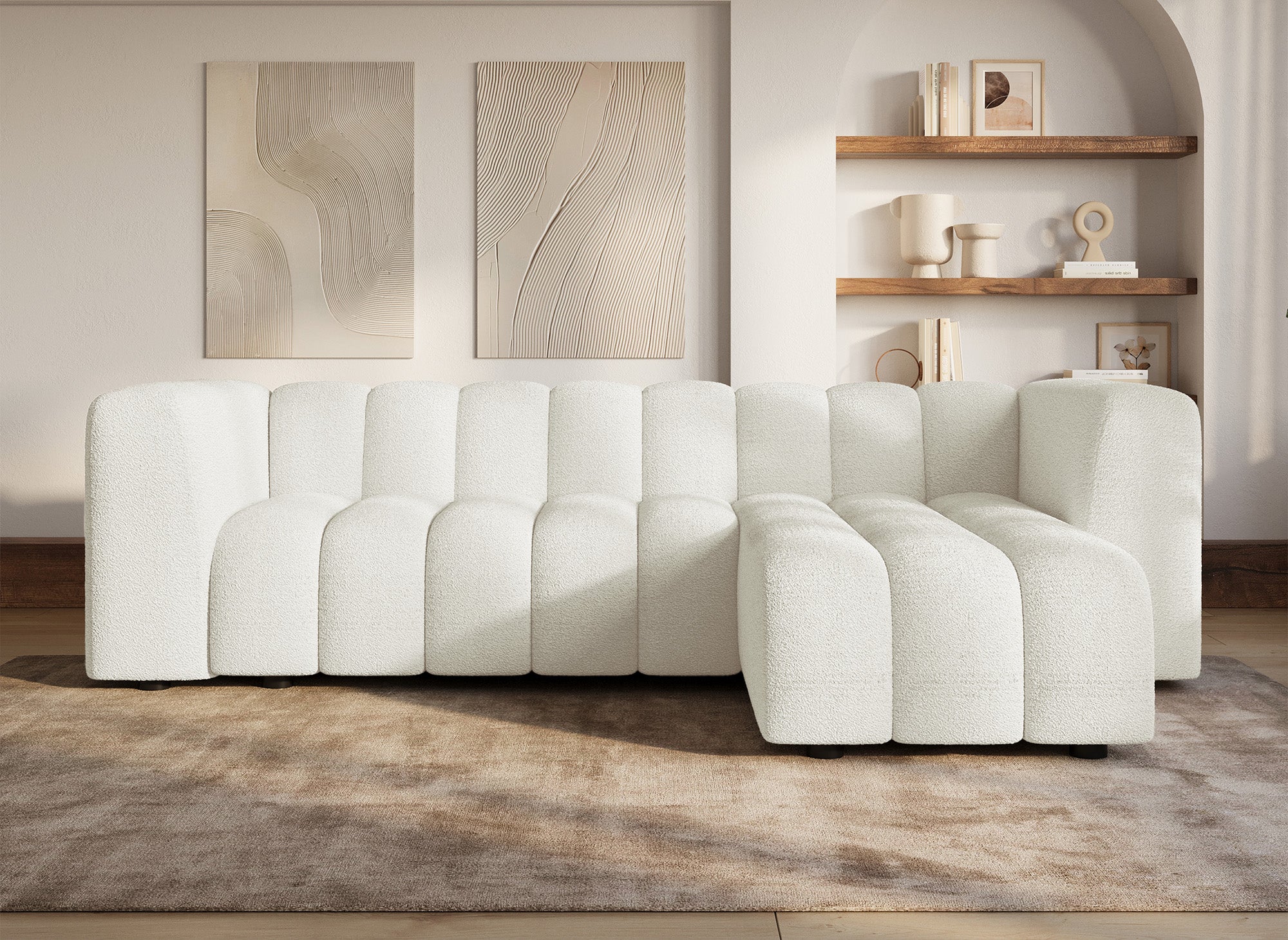 Wende-Ecksofa AELIS aus ecrufarbenem Bouclé-Stoff