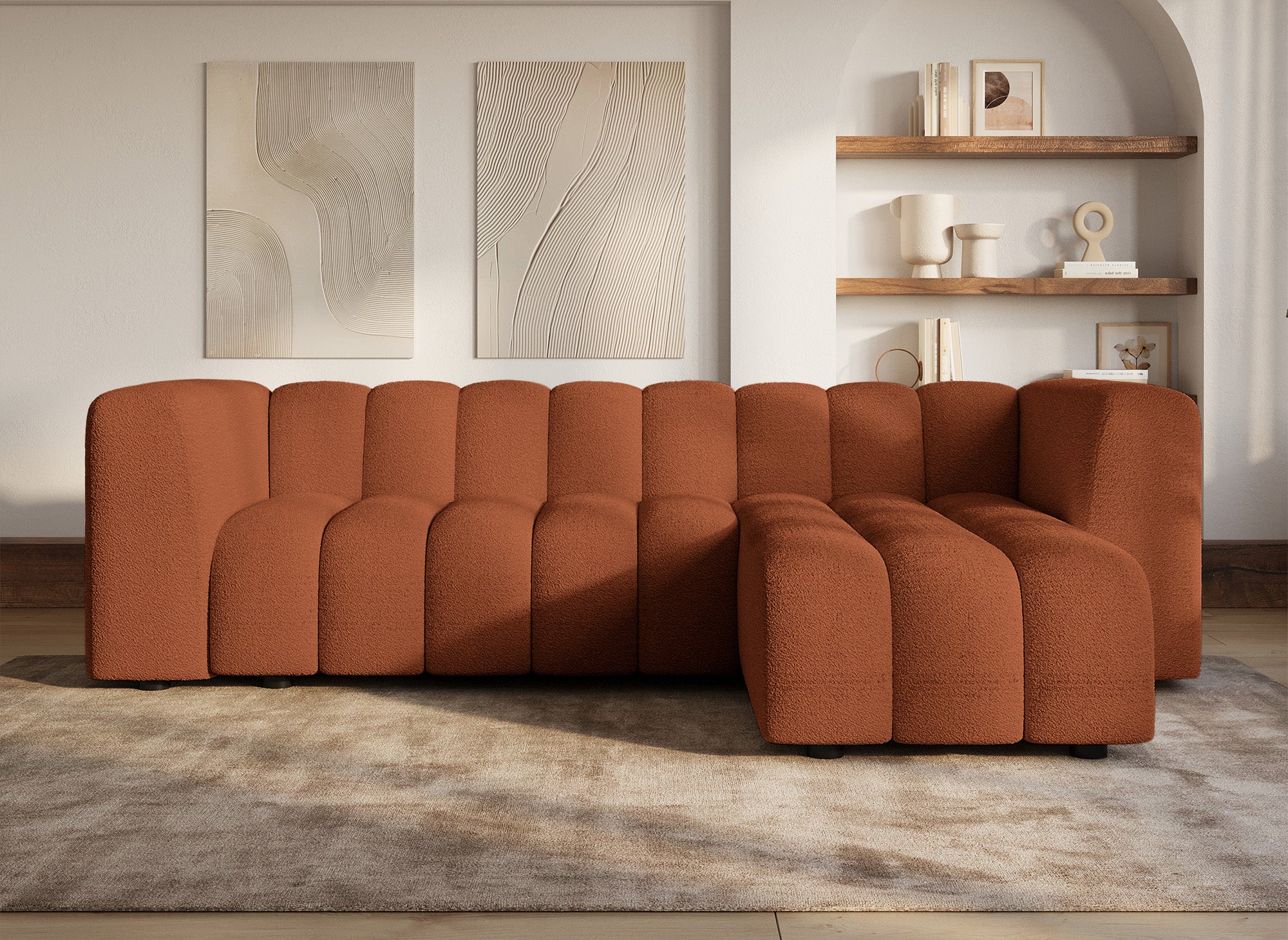 Wende-Ecksofa AELIS aus Terrakotta-Bouclé-Stoff