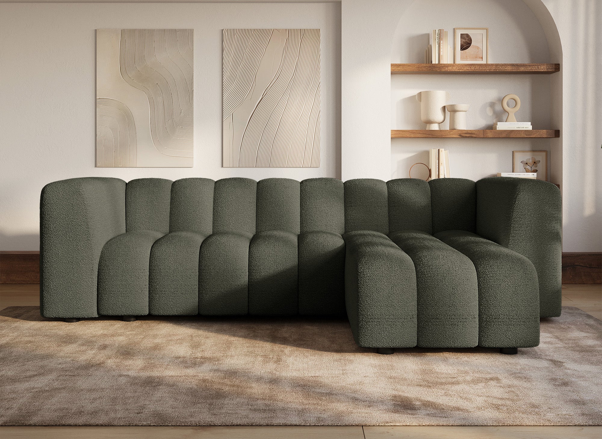 Wende-Ecksofa AELIS aus grünem Bouclé-Stoff