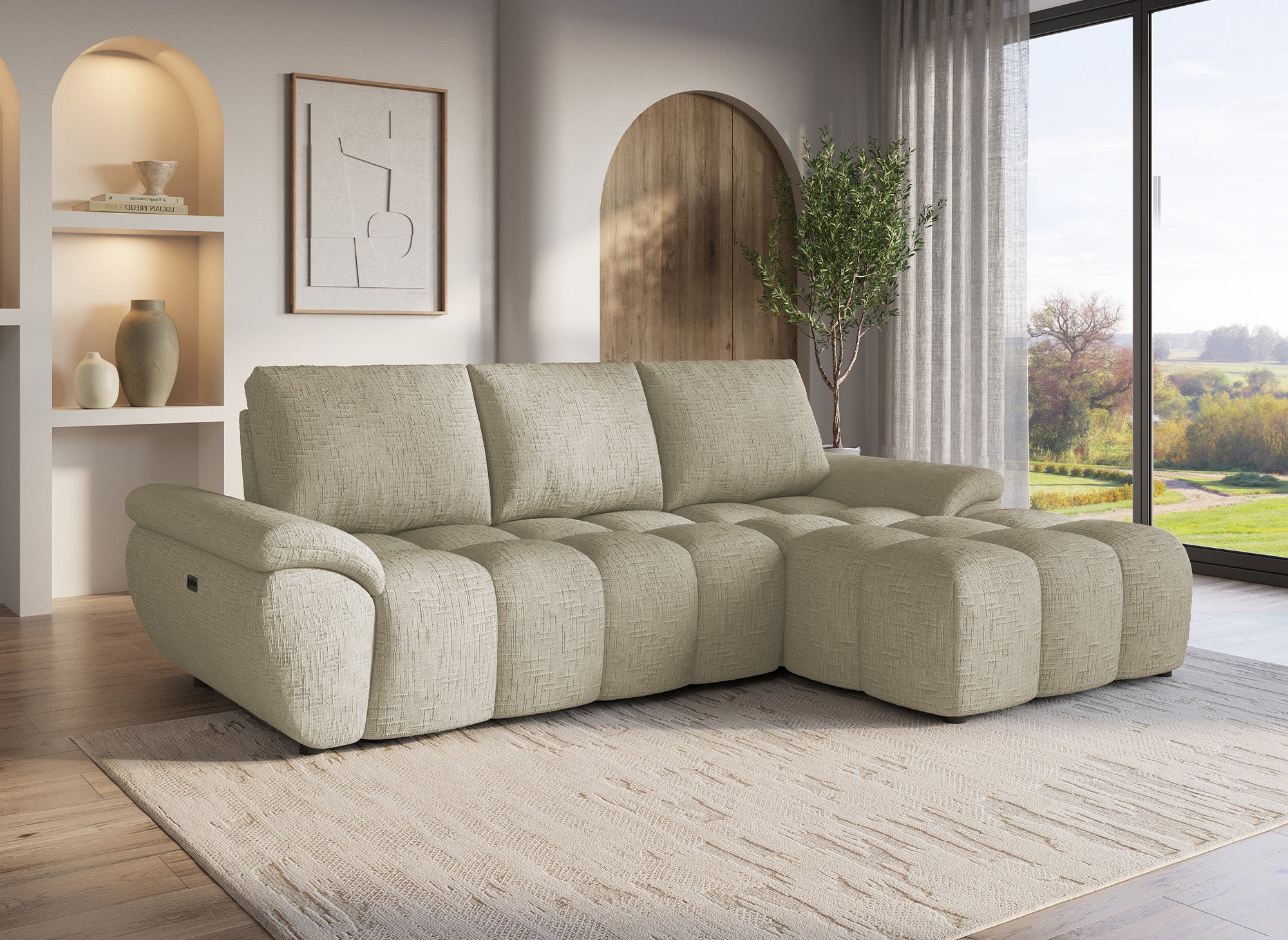 Elektrisches Relax-Ecksofa aus taupefarbenem meliertem Samt ALPES - Rechtwinklig
