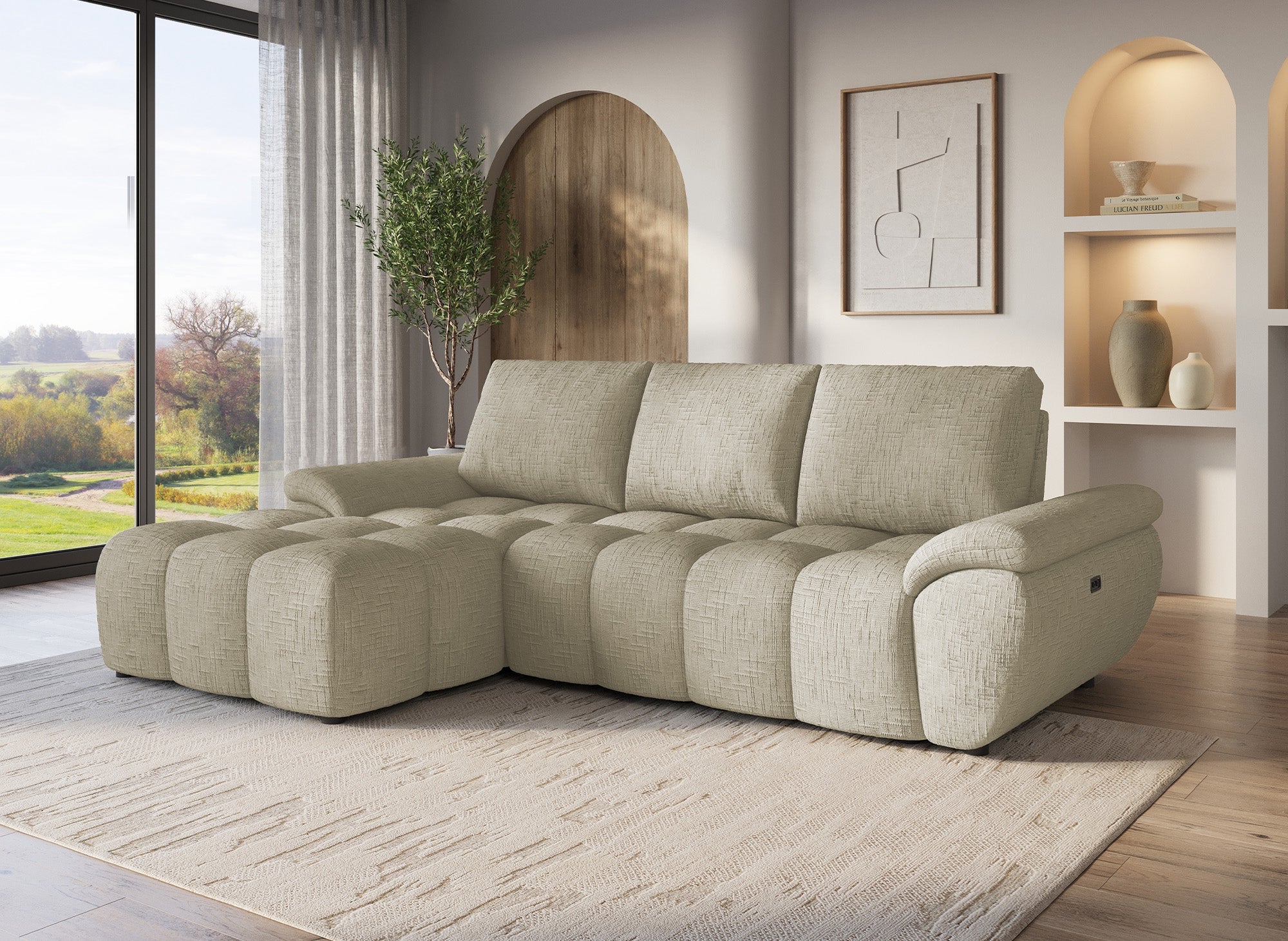 Elektrisches Relax-Ecksofa aus taupefarbenem meliertem Samt ALPES - Linke Ecke