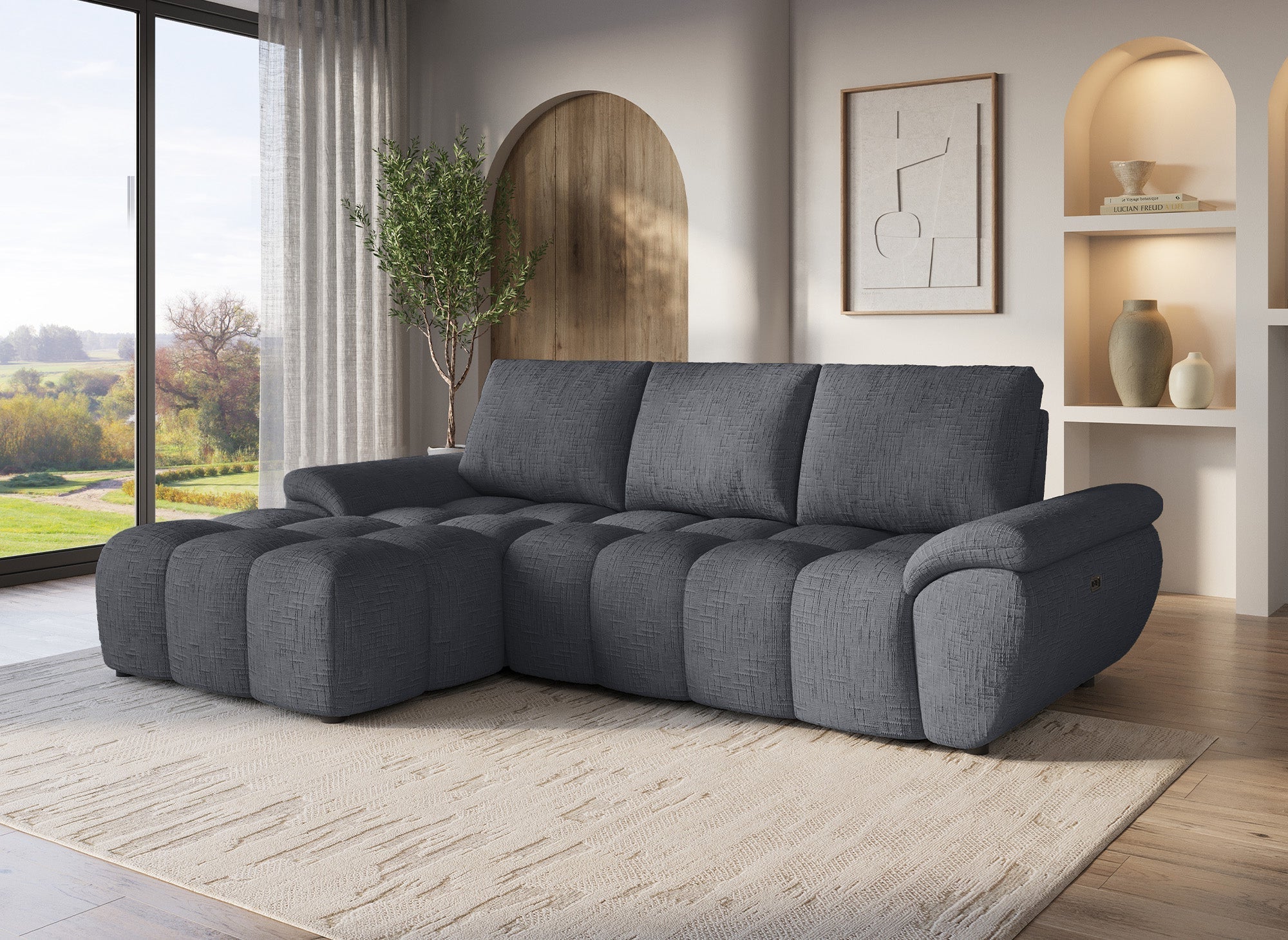 ALPES Ecksofa mit elektrischer Liegefunktion aus grau meliertem Samt – Linke Ecke