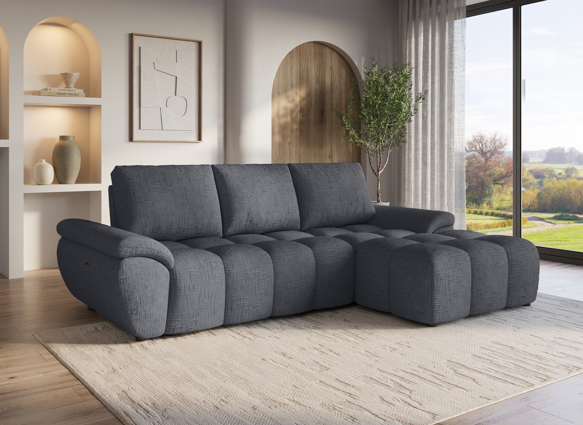 ALPES Ecksofa mit elektrischer Liegefunktion aus grau meliertem Samt – rechtwinklig