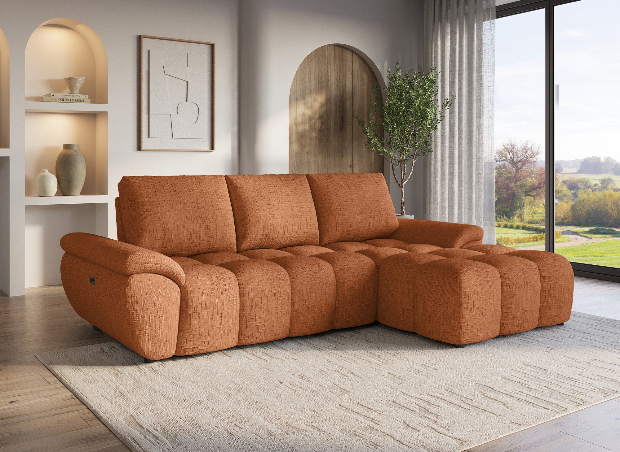 Elektrisches Relax-Ecksofa ALPES aus terrakottafarbenem, meliertem Samt - Rechtwinklig