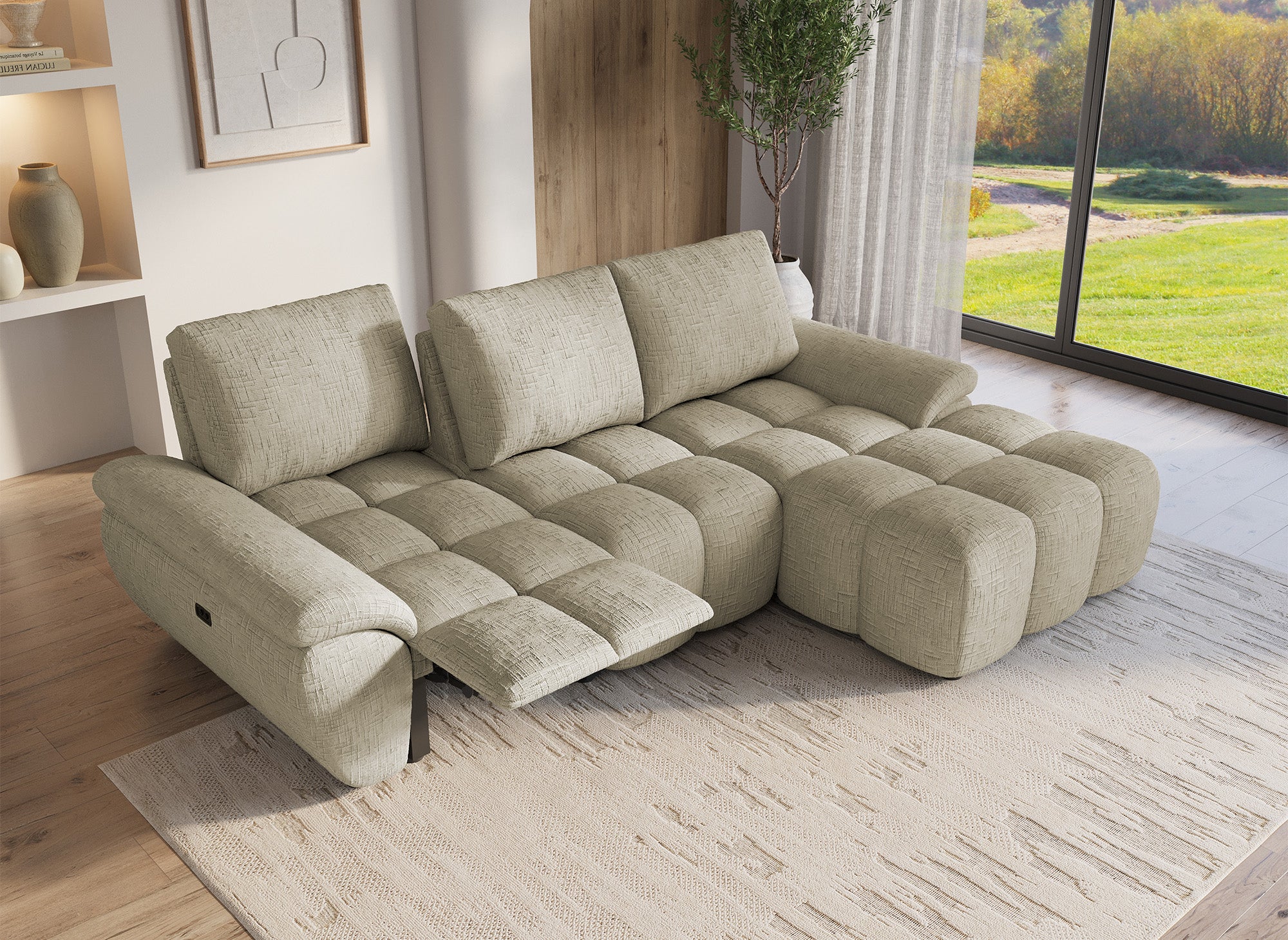 Elektrisches Relax-Ecksofa aus taupefarbenem meliertem Samt ALPES - Rechtwinklig