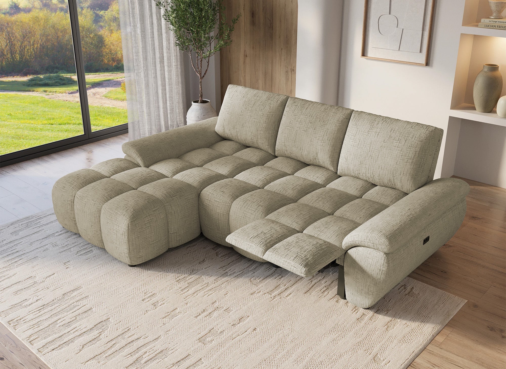 Elektrisches Relax-Ecksofa aus taupefarbenem meliertem Samt ALPES - Linke Ecke