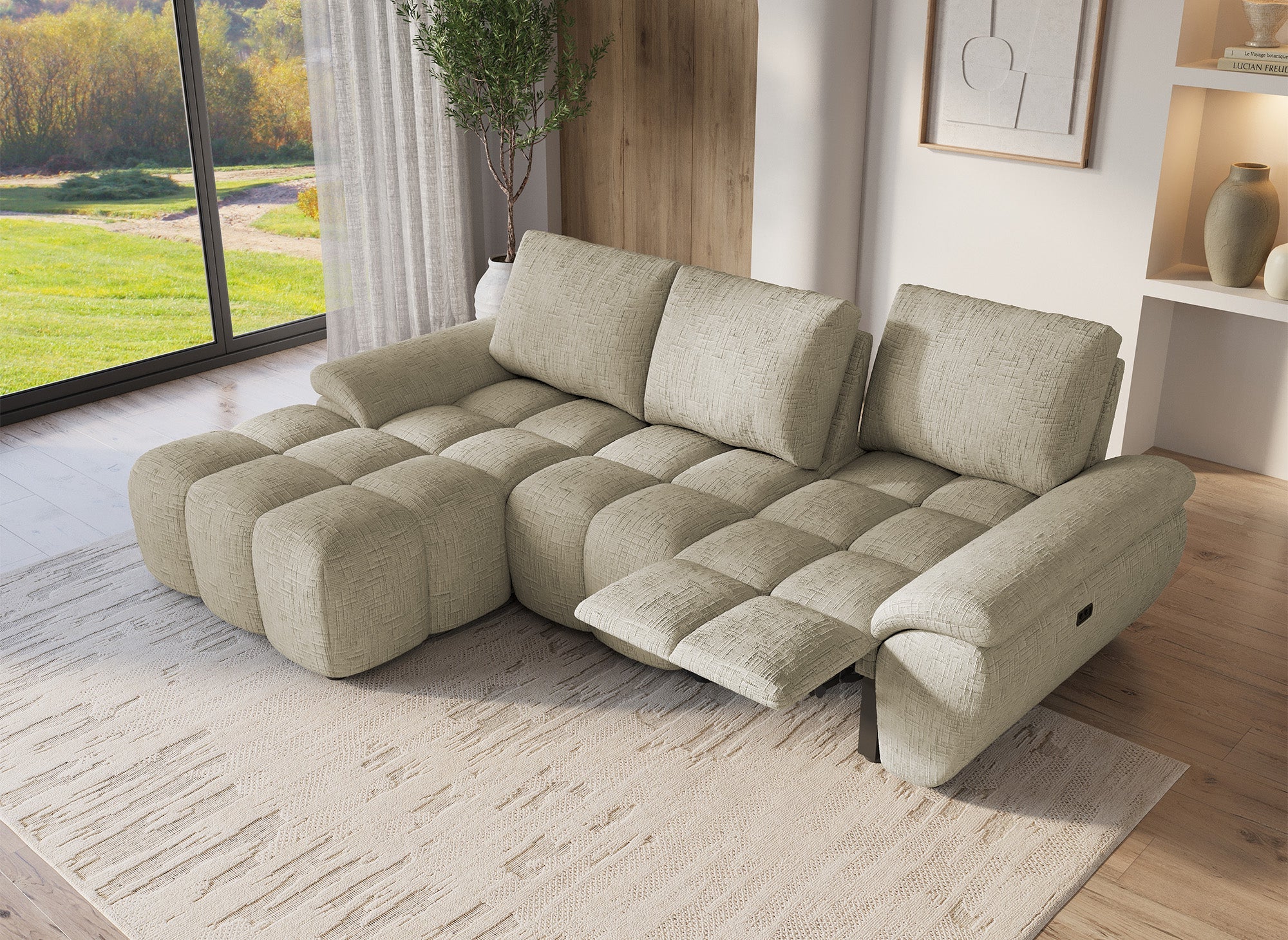 Elektrisches Relax-Ecksofa aus taupefarbenem meliertem Samt ALPES - Linke Ecke