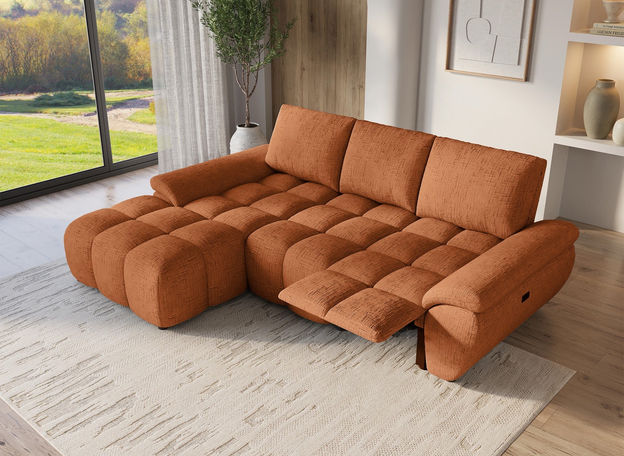 Elektrisches Relax-Ecksofa ALPES aus terrakottafarbenem, meliertem Samt – Linke Ecke