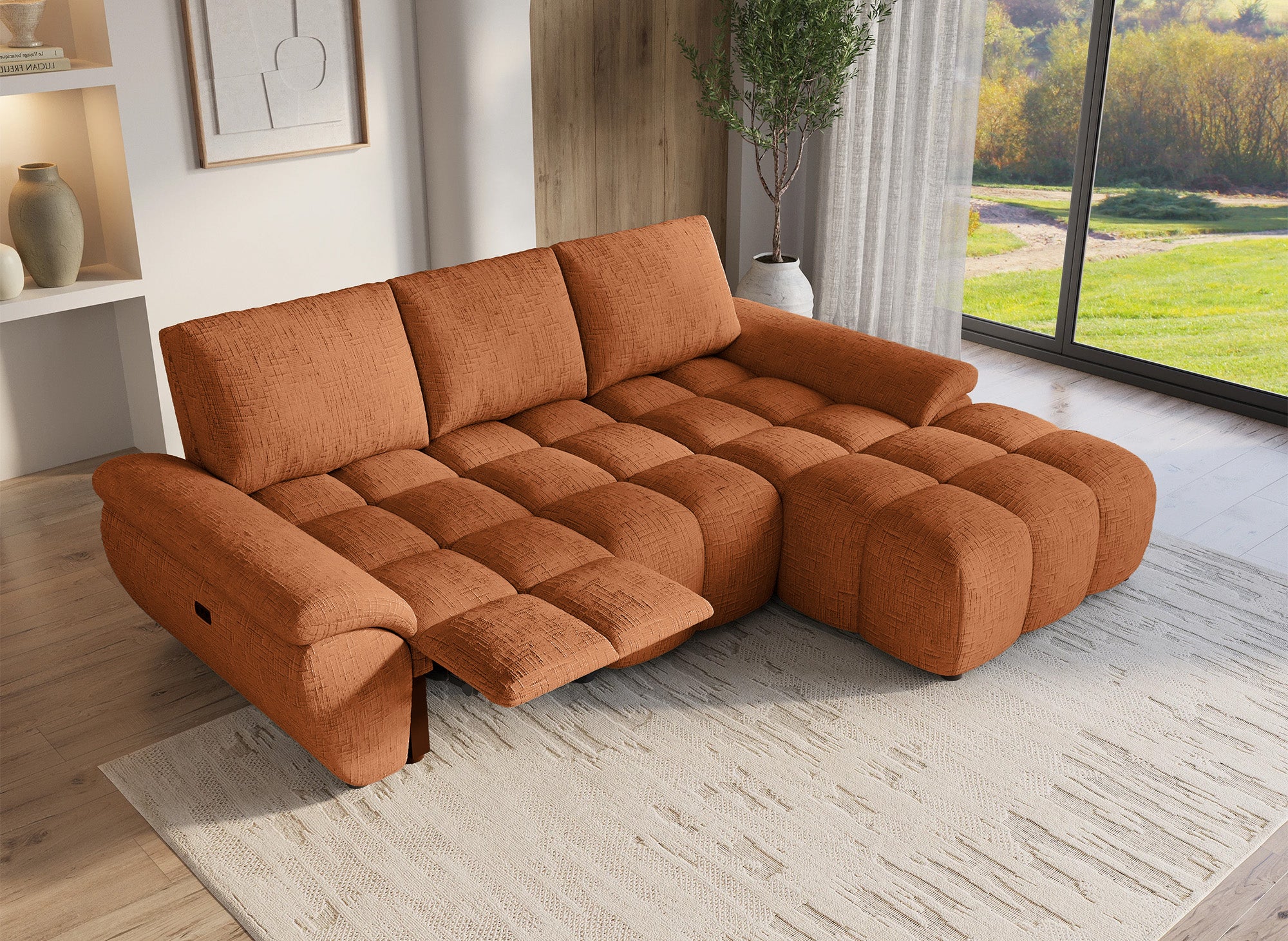 Elektrisches Relax-Ecksofa ALPES aus terrakottafarbenem, meliertem Samt - Rechtwinklig