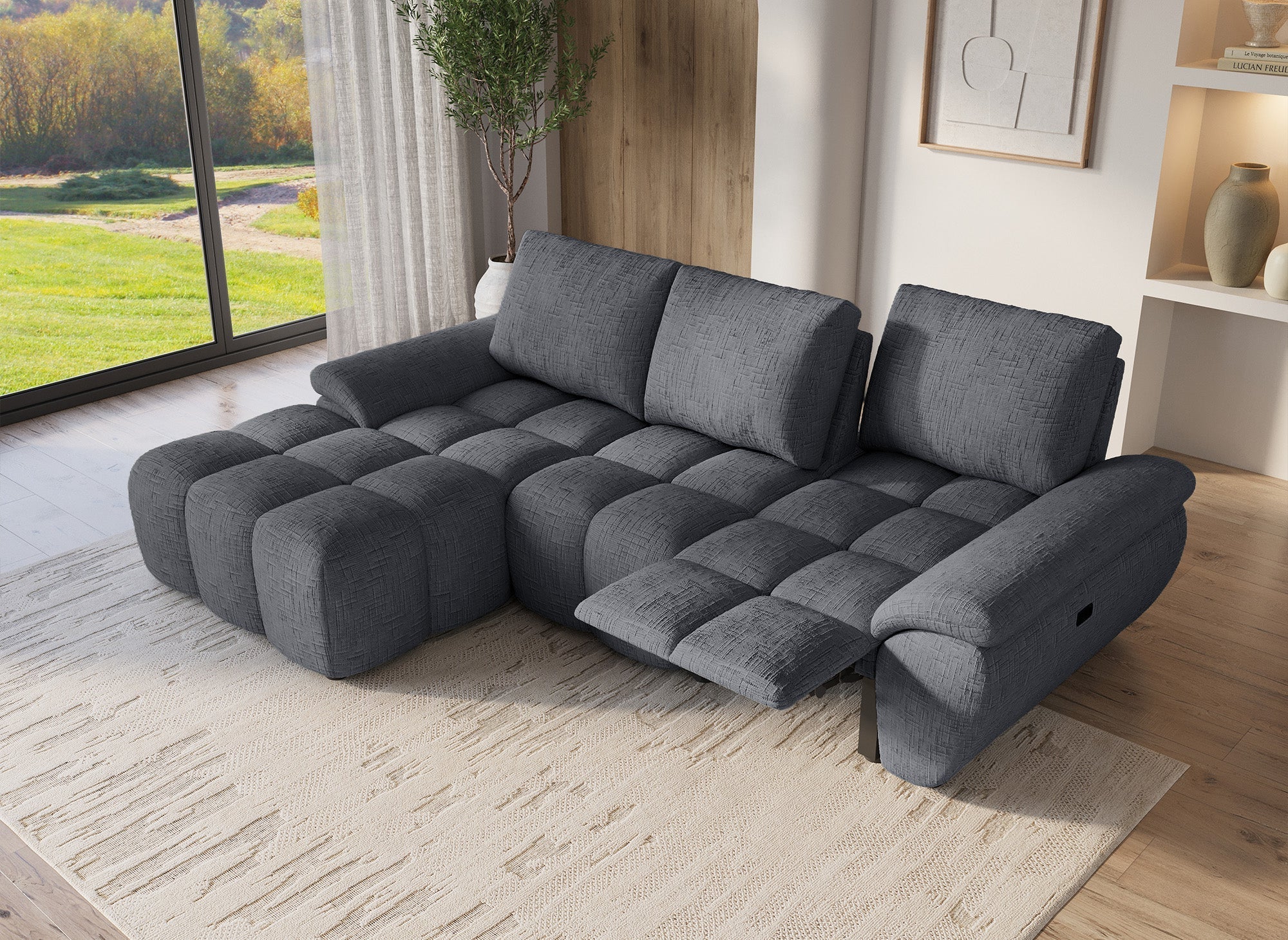 ALPES Ecksofa mit elektrischer Liegefunktion aus grau meliertem Samt – Linke Ecke