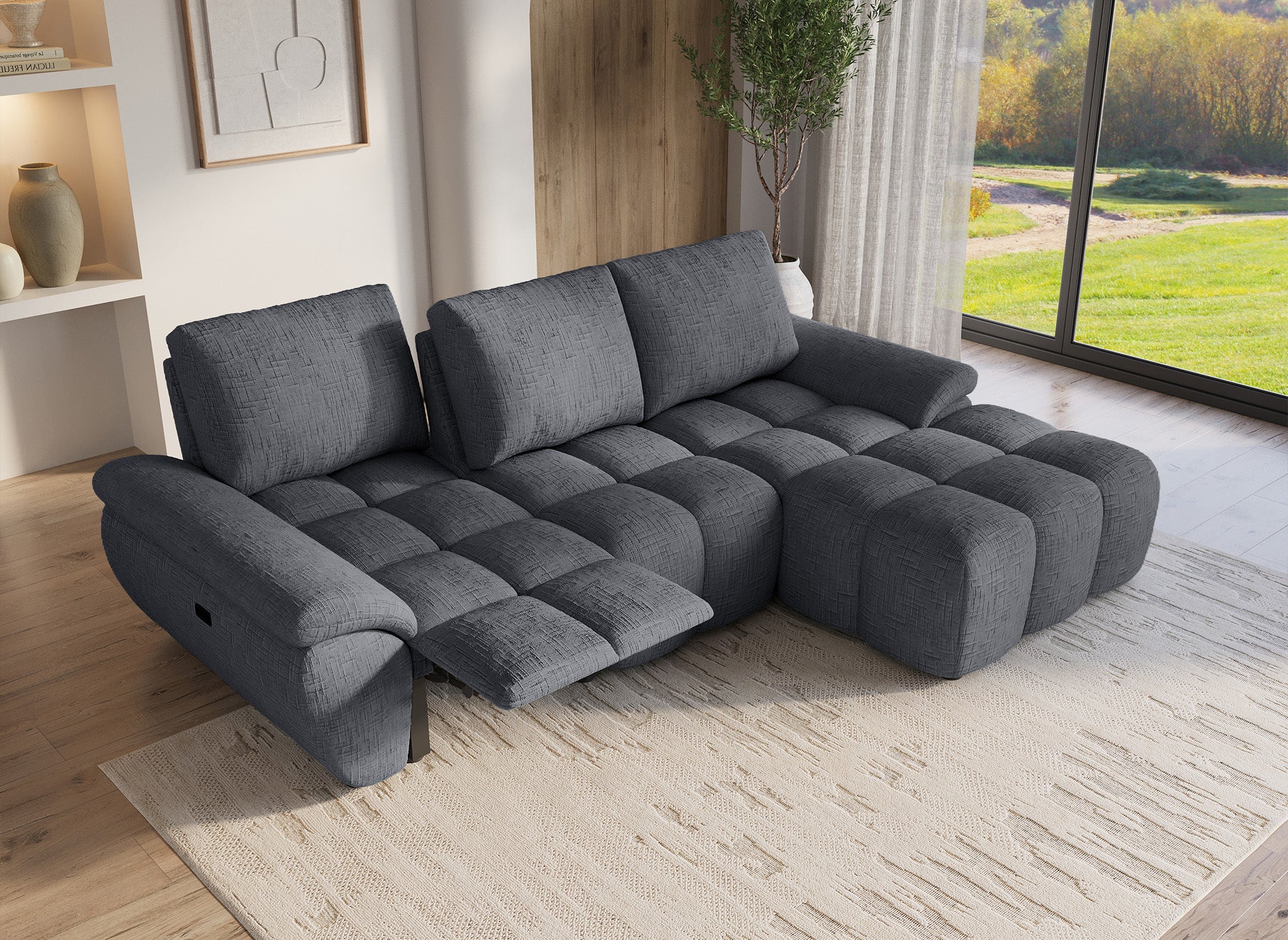 ALPES Ecksofa mit elektrischer Liegefunktion aus grau meliertem Samt – rechtwinklig