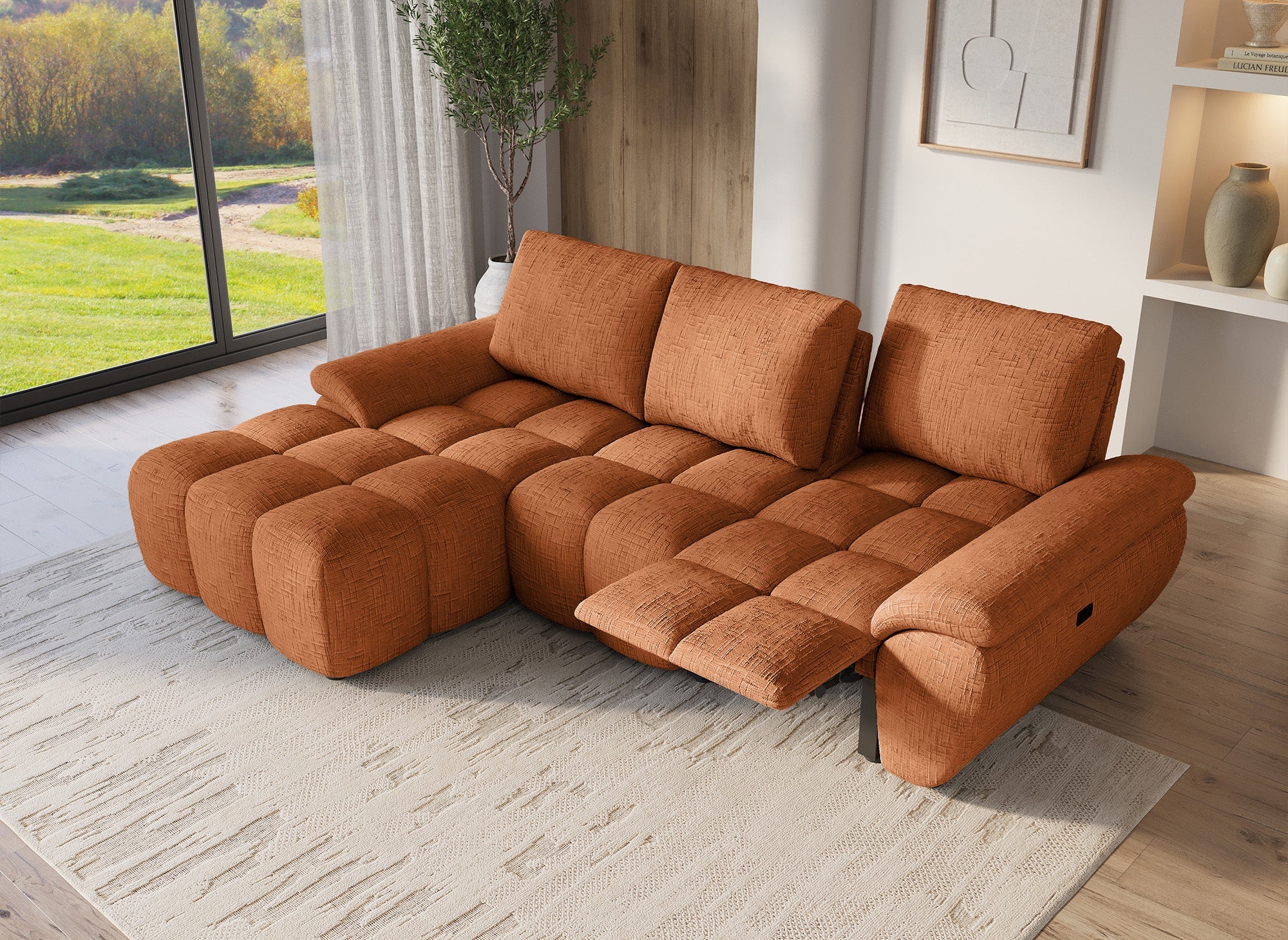 Elektrisches Relax-Ecksofa ALPES aus terrakottafarbenem, meliertem Samt – Linke Ecke