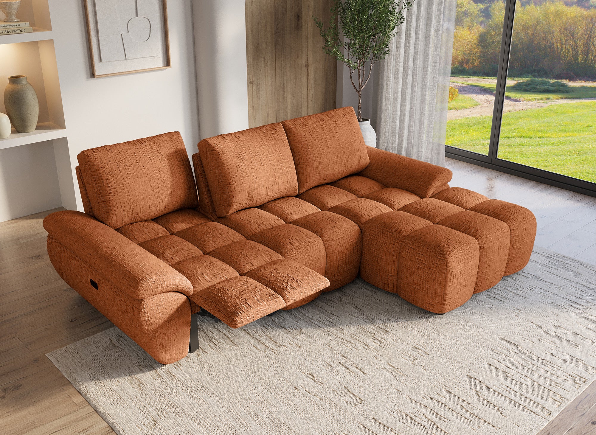 Elektrisches Relax-Ecksofa ALPES aus terrakottafarbenem, meliertem Samt - Rechtwinklig