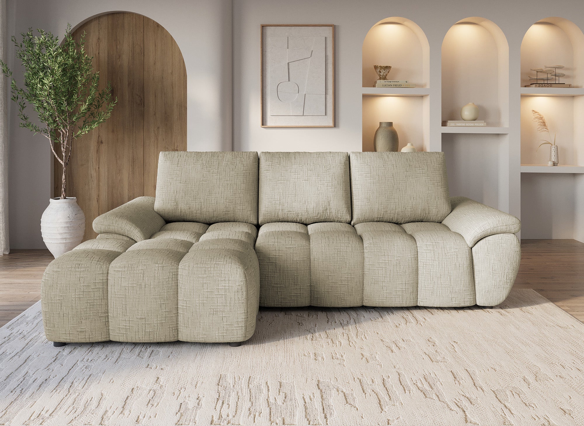 Elektrisches Relax-Ecksofa aus taupefarbenem meliertem Samt ALPES - Linke Ecke