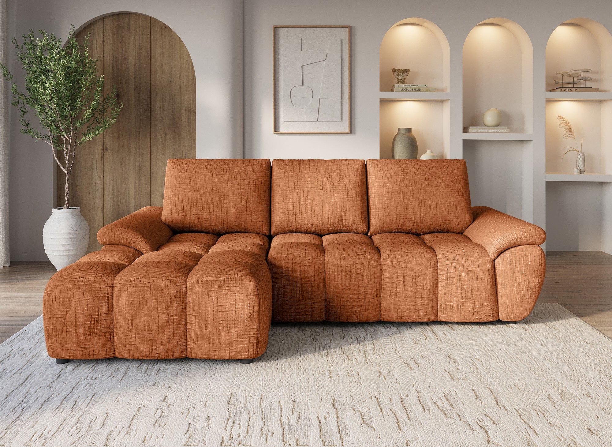 Elektrisches Relax-Ecksofa ALPES aus terrakottafarbenem, meliertem Samt – Linke Ecke