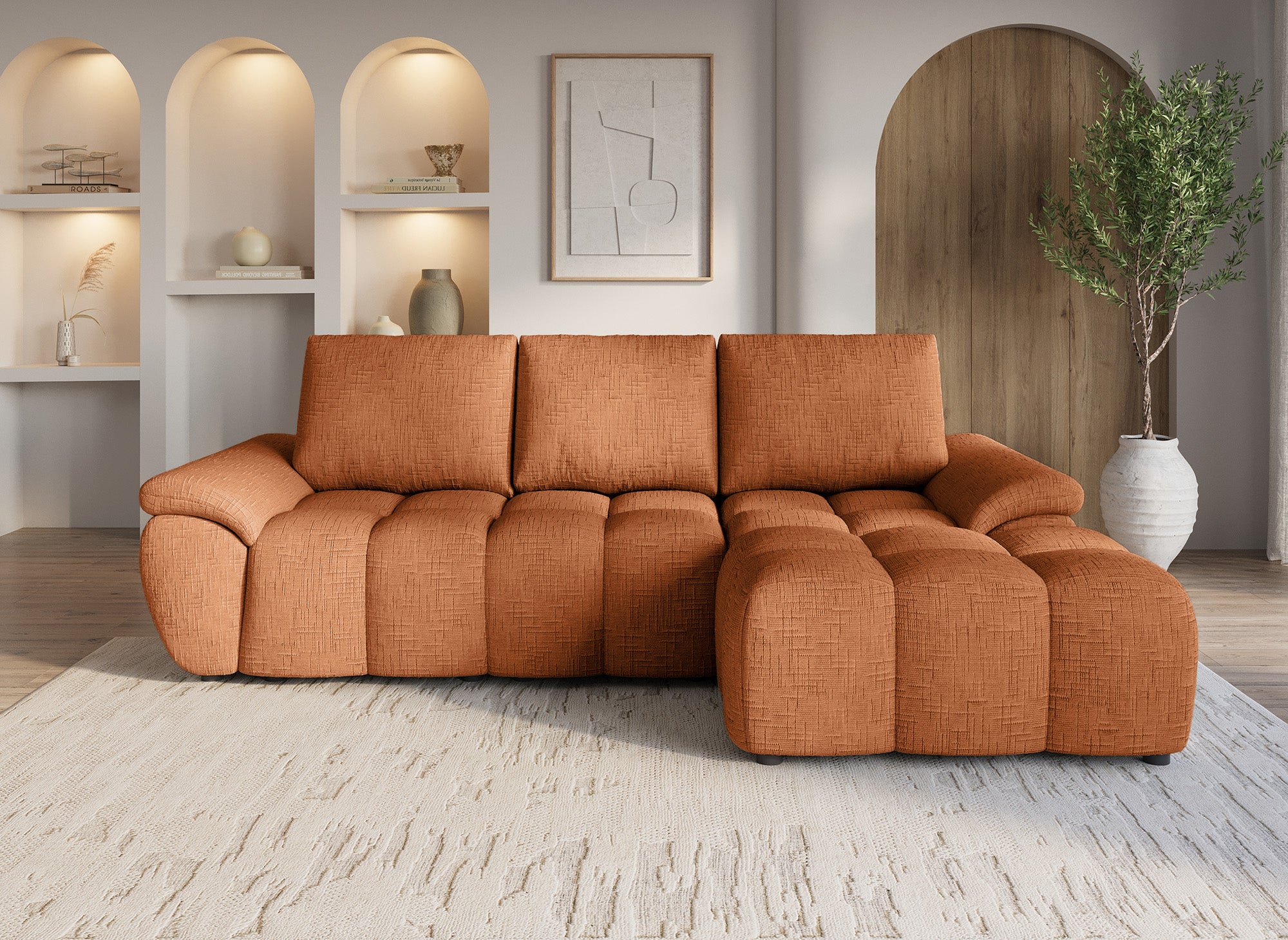 Elektrisches Relax-Ecksofa ALPES aus terrakottafarbenem, meliertem Samt - Rechtwinklig