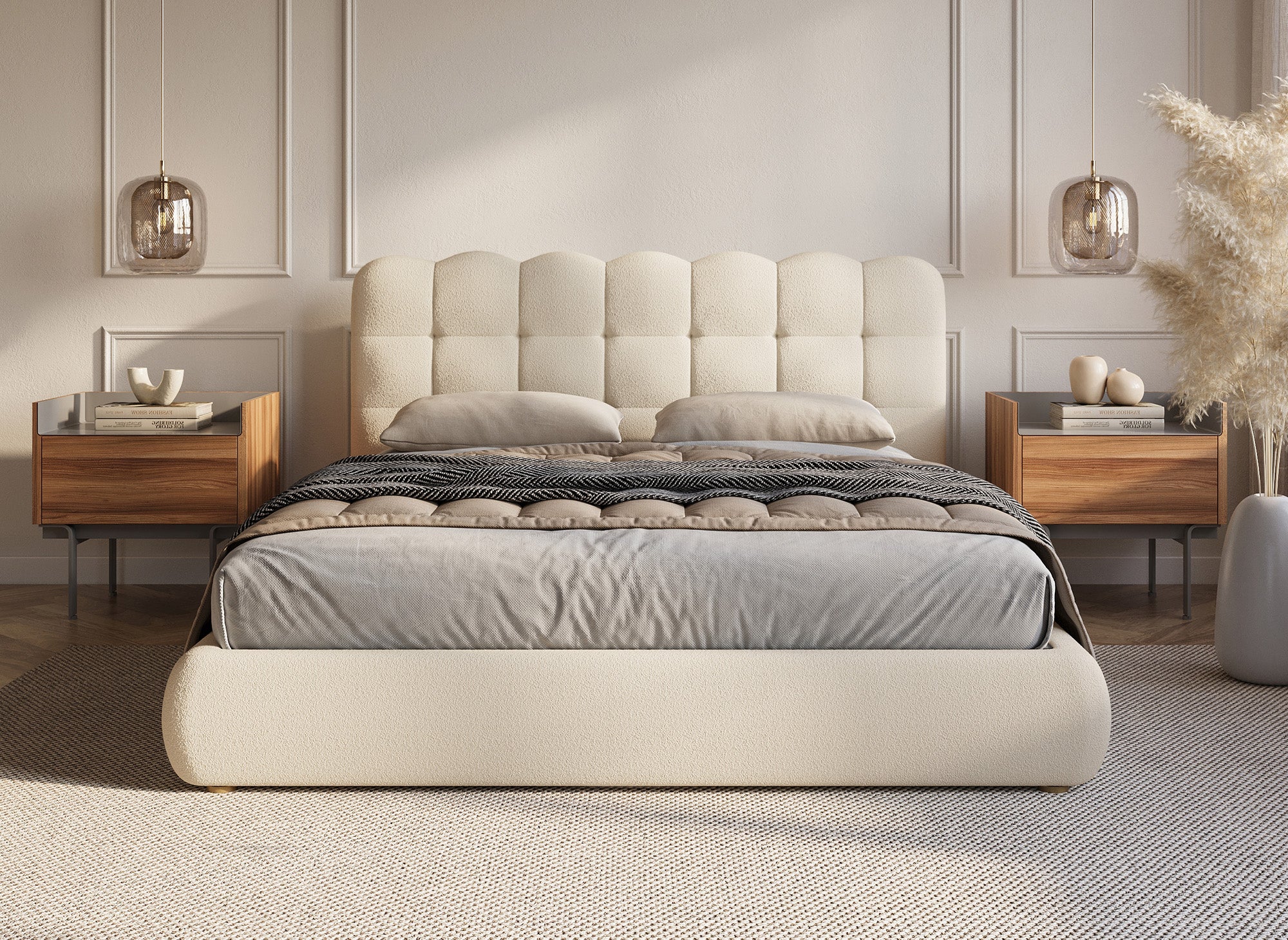 Bett mit Stauraum aus beigem Frottee 140x190 cm BISCUIT