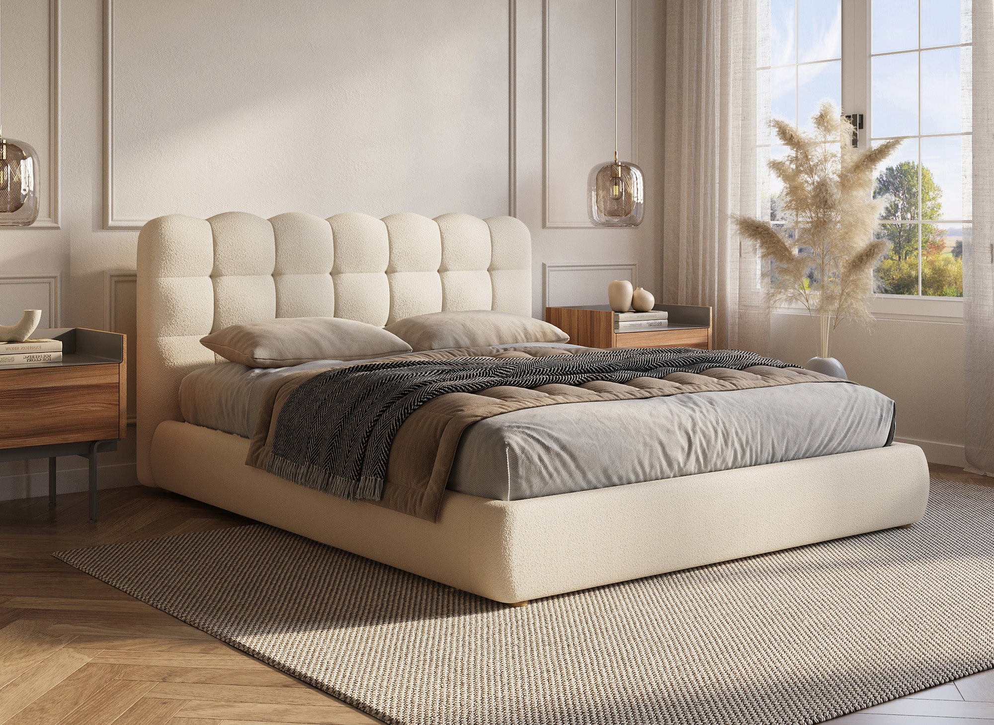 Bett mit Stauraum aus beigem Frottee 140x190 cm BISCUIT