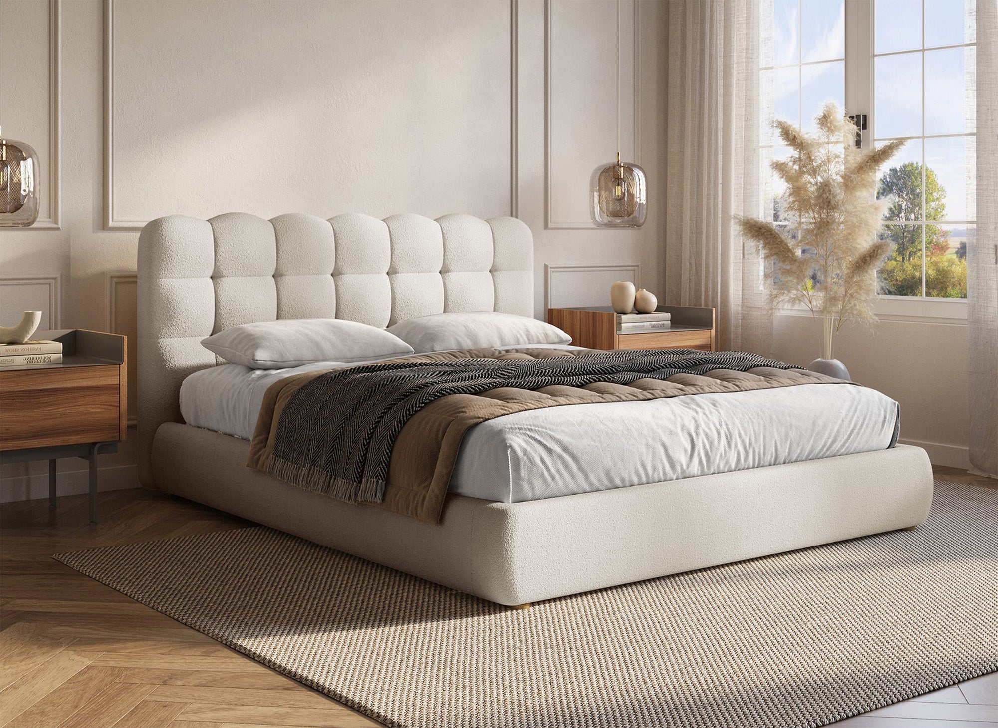 Bett mit Stauraum aus beigem Frotteestoff 180x200 cm BISCUIT