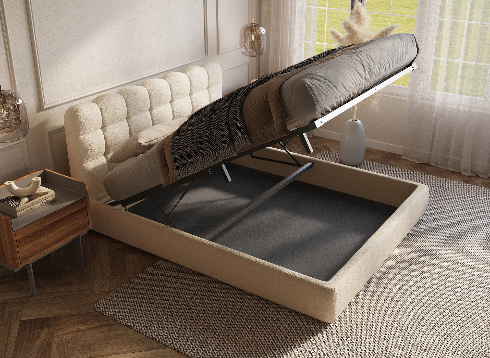 Bett mit Stauraum aus beigem Frottee 140x190 cm BISCUIT