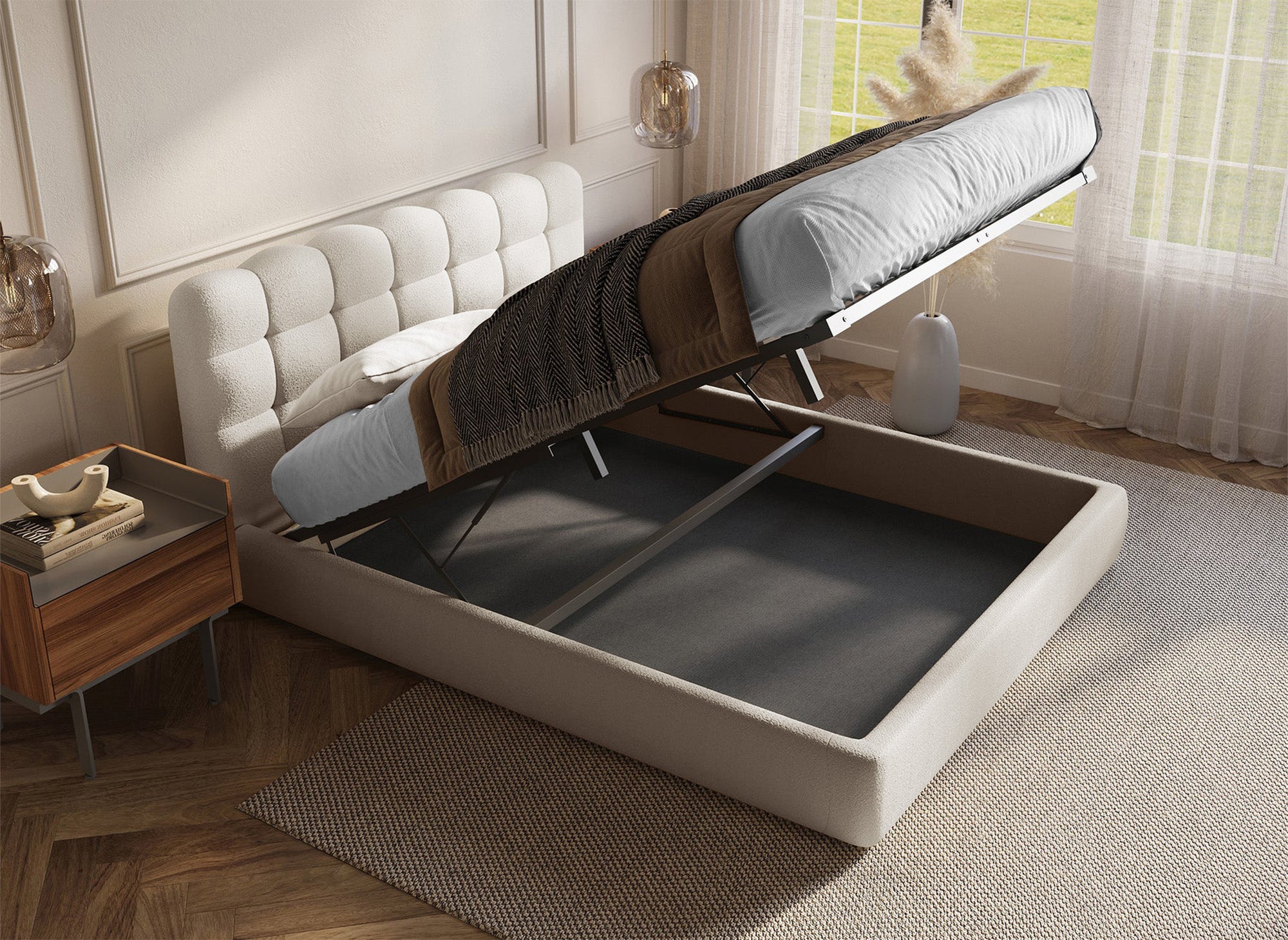 Bett mit Stauraum aus beigem Frotteestoff 180x200 cm BISCUIT