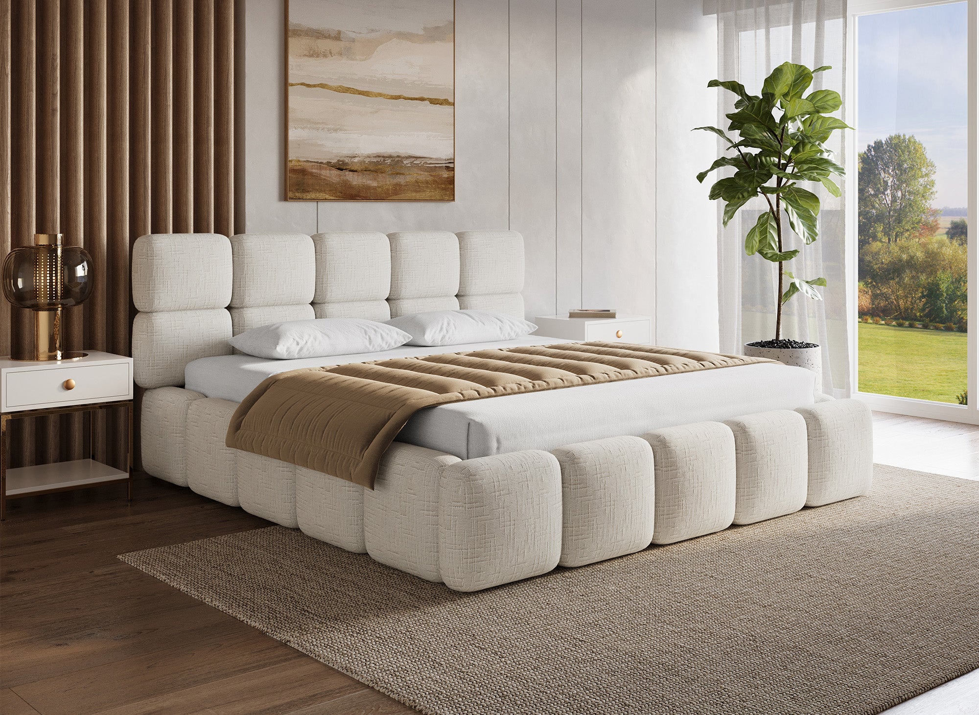 BUBBLE Bett mit Stauraum, beige melierter Samt, 180 x 200 cm