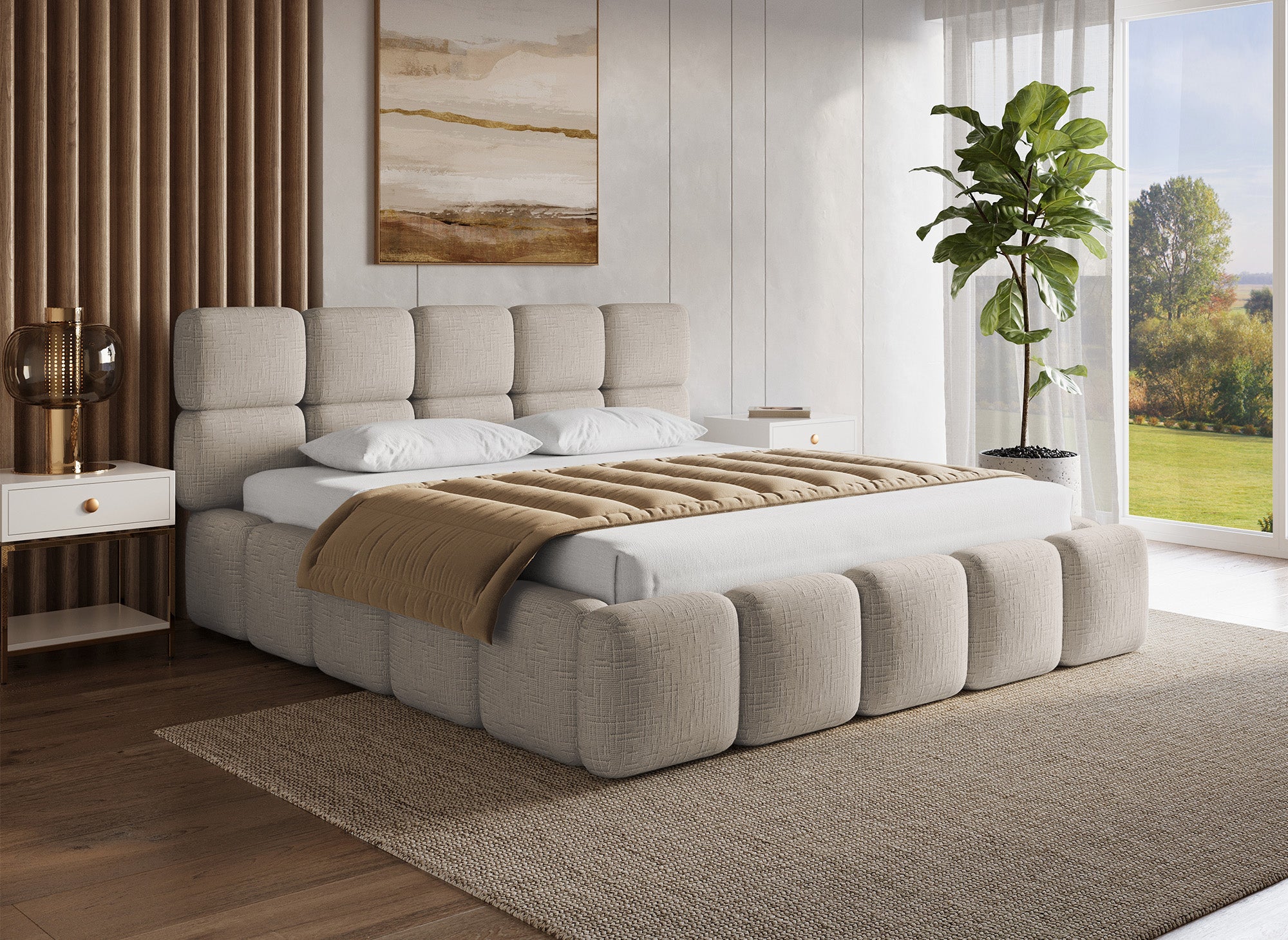 BUBBLE Bett mit Stauraum aus taupefarbenem Samt, 180 x 200 cm