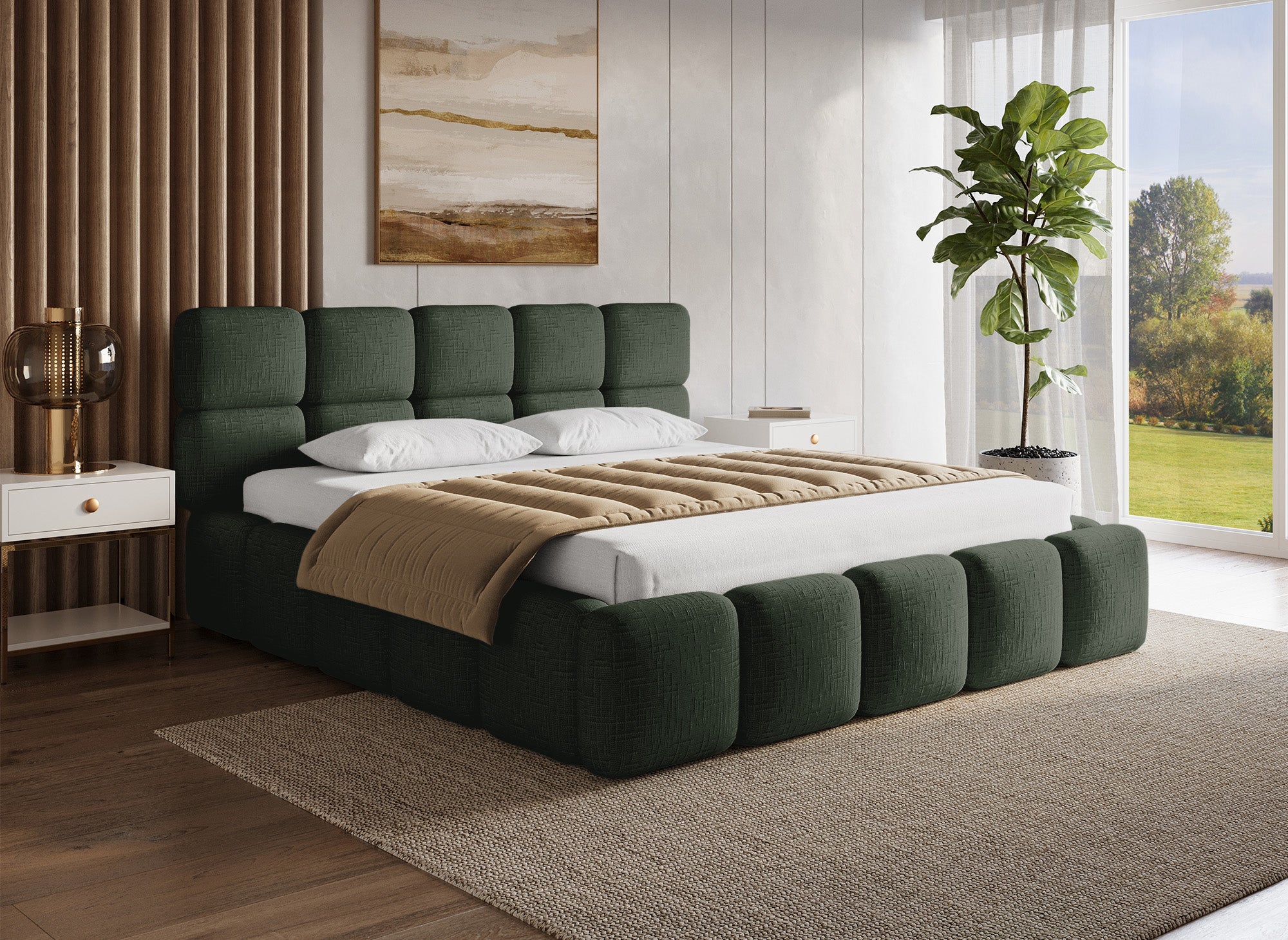 BUBBLE olivgrün meliertes Samtbett mit Stauraum 180x200 cm
