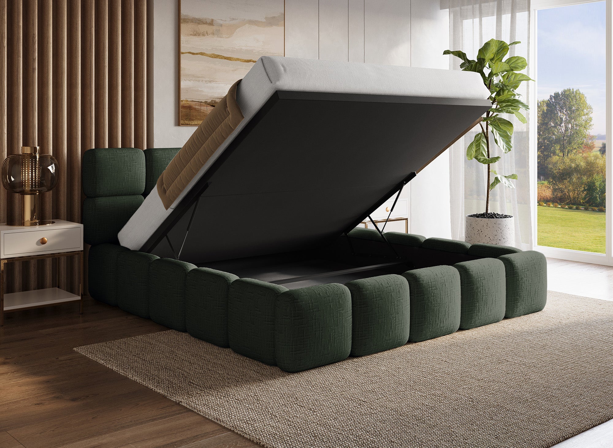 BUBBLE olivgrün meliertes Samtbett mit Stauraum 180x200 cm