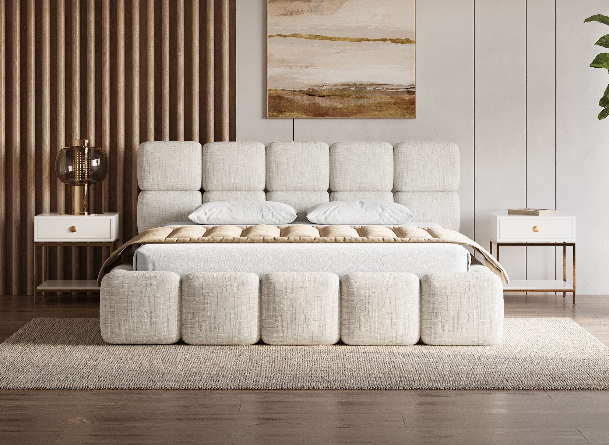 BUBBLE Bett mit Stauraum, beige melierter Samt, 180 x 200 cm