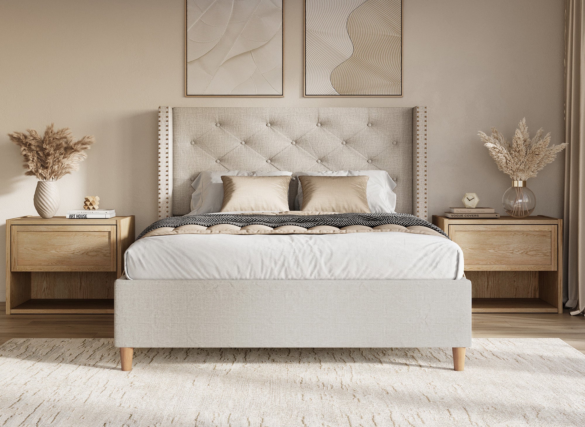 Doppelbett in beigefarbenem Polsterstoff 140x190 cm MARGOT