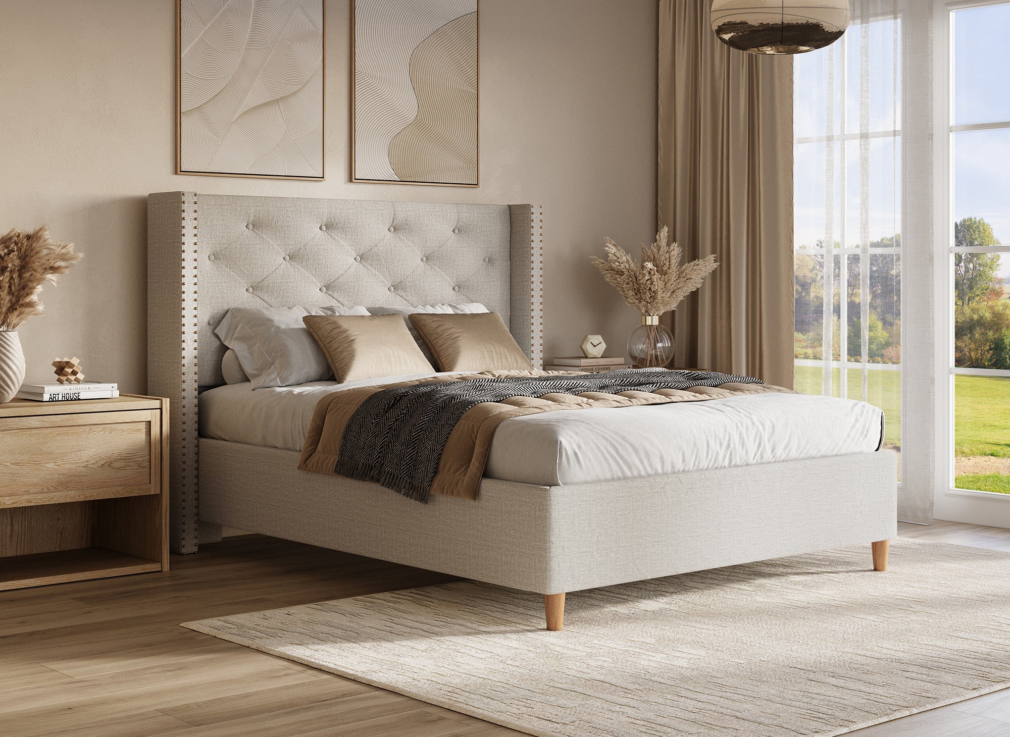 Doppelbett in beigefarbenem Polsterstoff 140x190 cm MARGOT