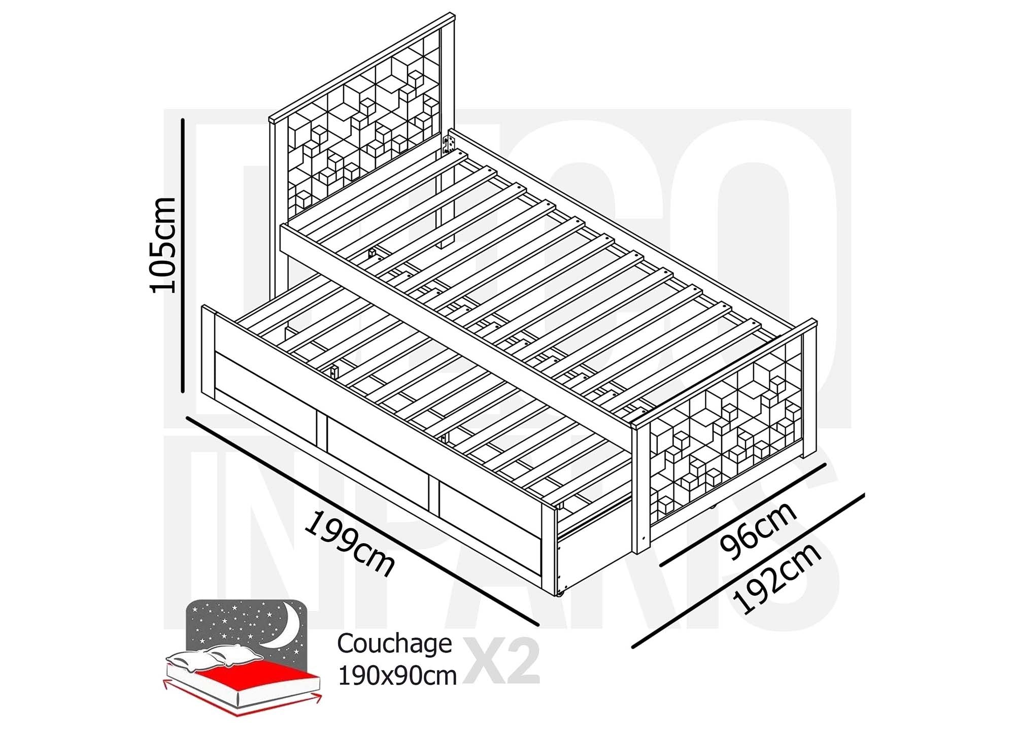 ENORA weißes Ausziehbett aus Holz mit Schubladen 90 x 190 cm