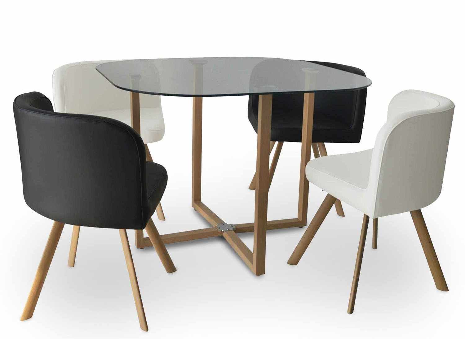 Esstisch-Set aus Glas + 4 schwarz-weiße Stühle FLEN