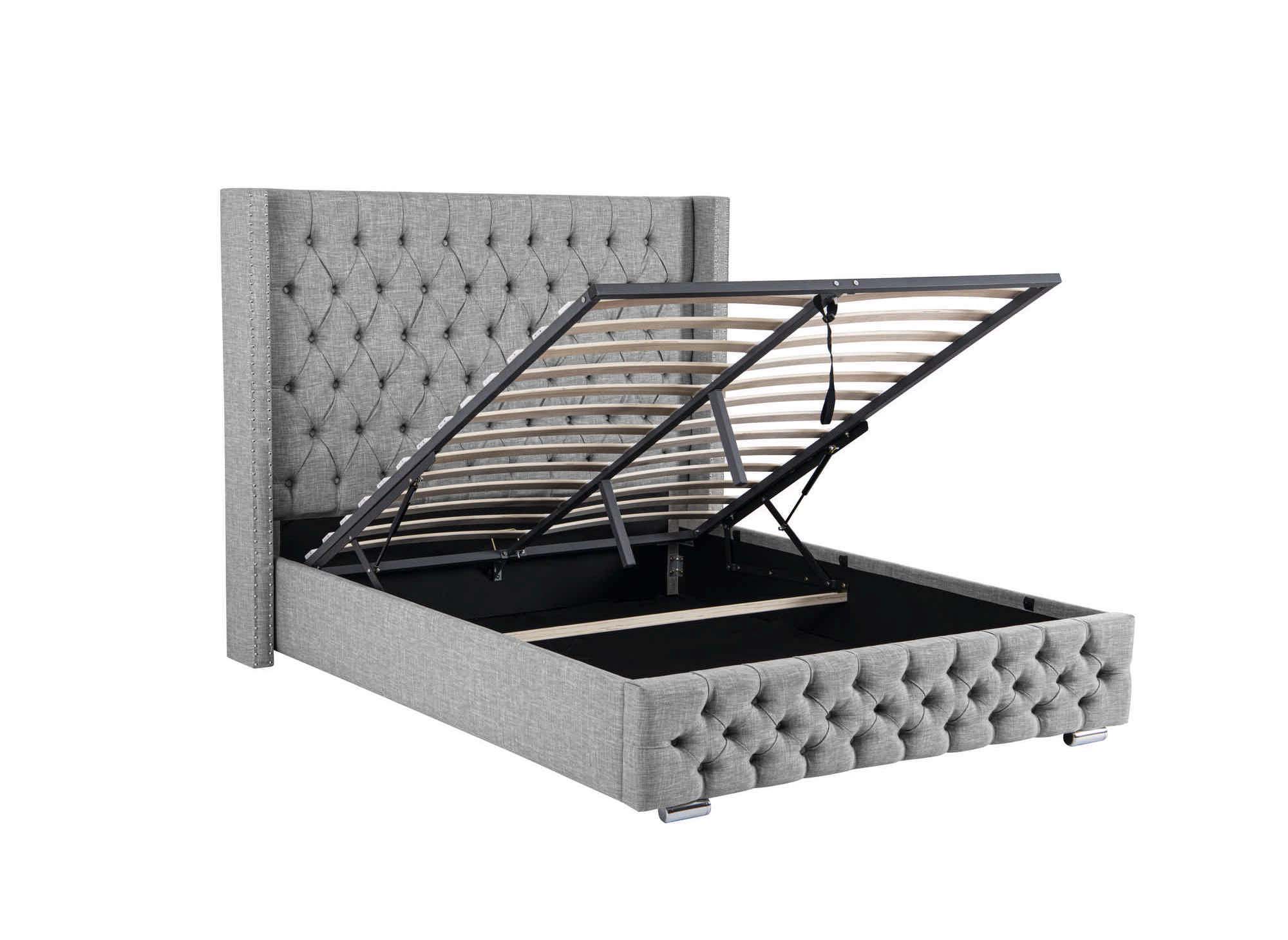 Graues Bett mit Stauraum aus Leinenstoff 140 x 190 cm MAXI