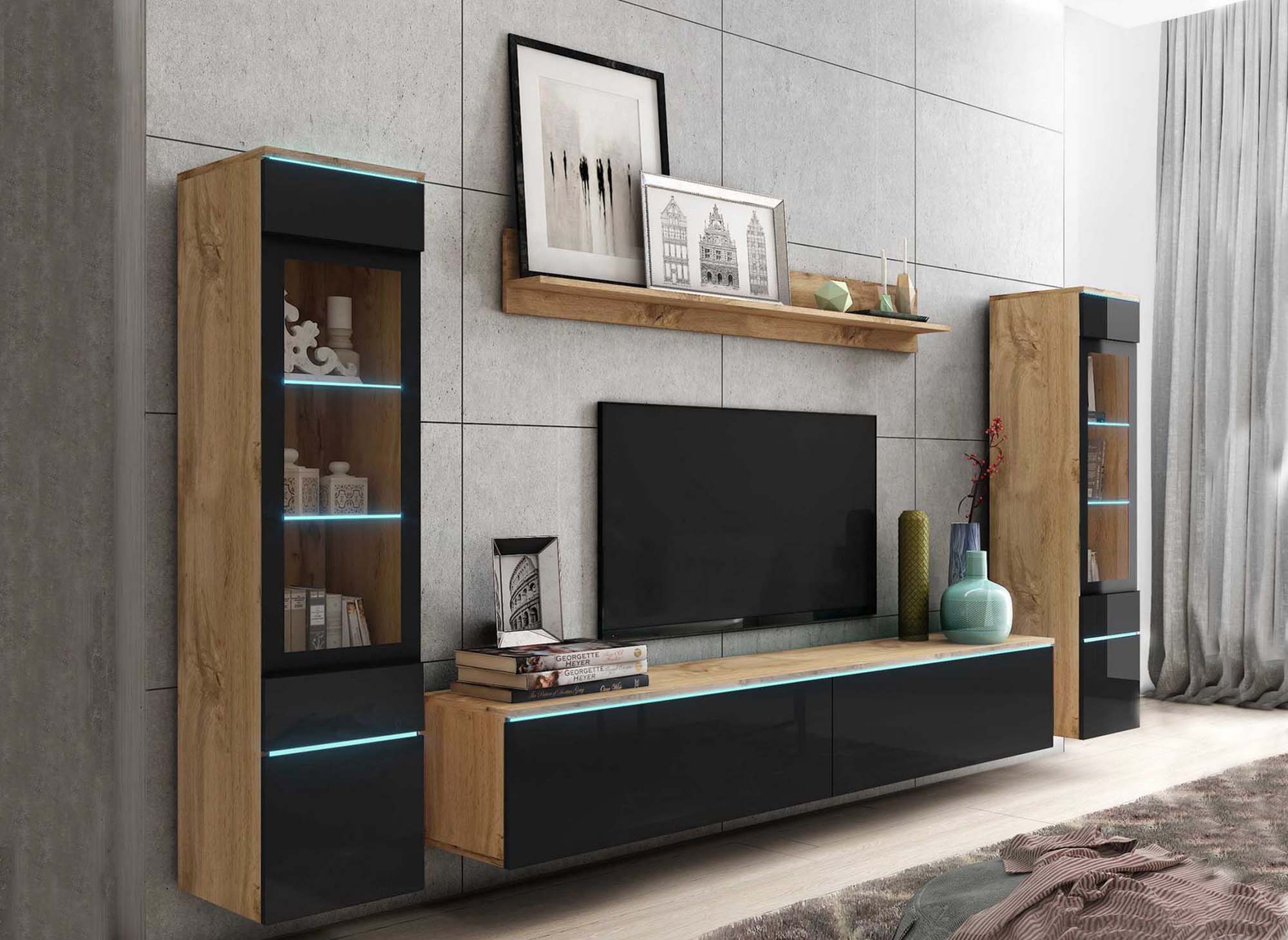 Moderner TV-Schrank aus Eiche und Schwarzlack mit LED - VERONICA XL