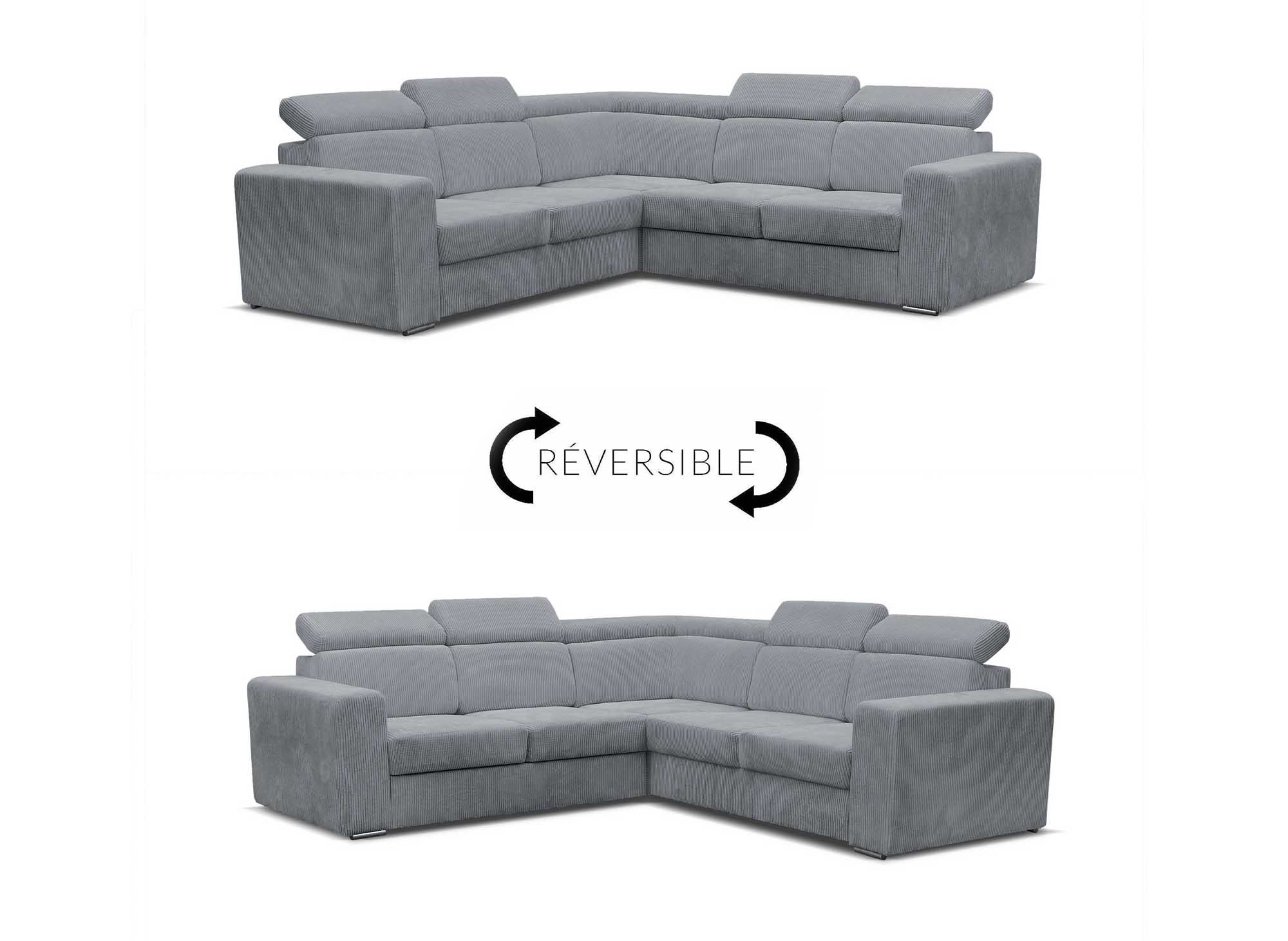 MERYL Ecksofa aus hellgrauem Cord, umwandelbar und wendbar